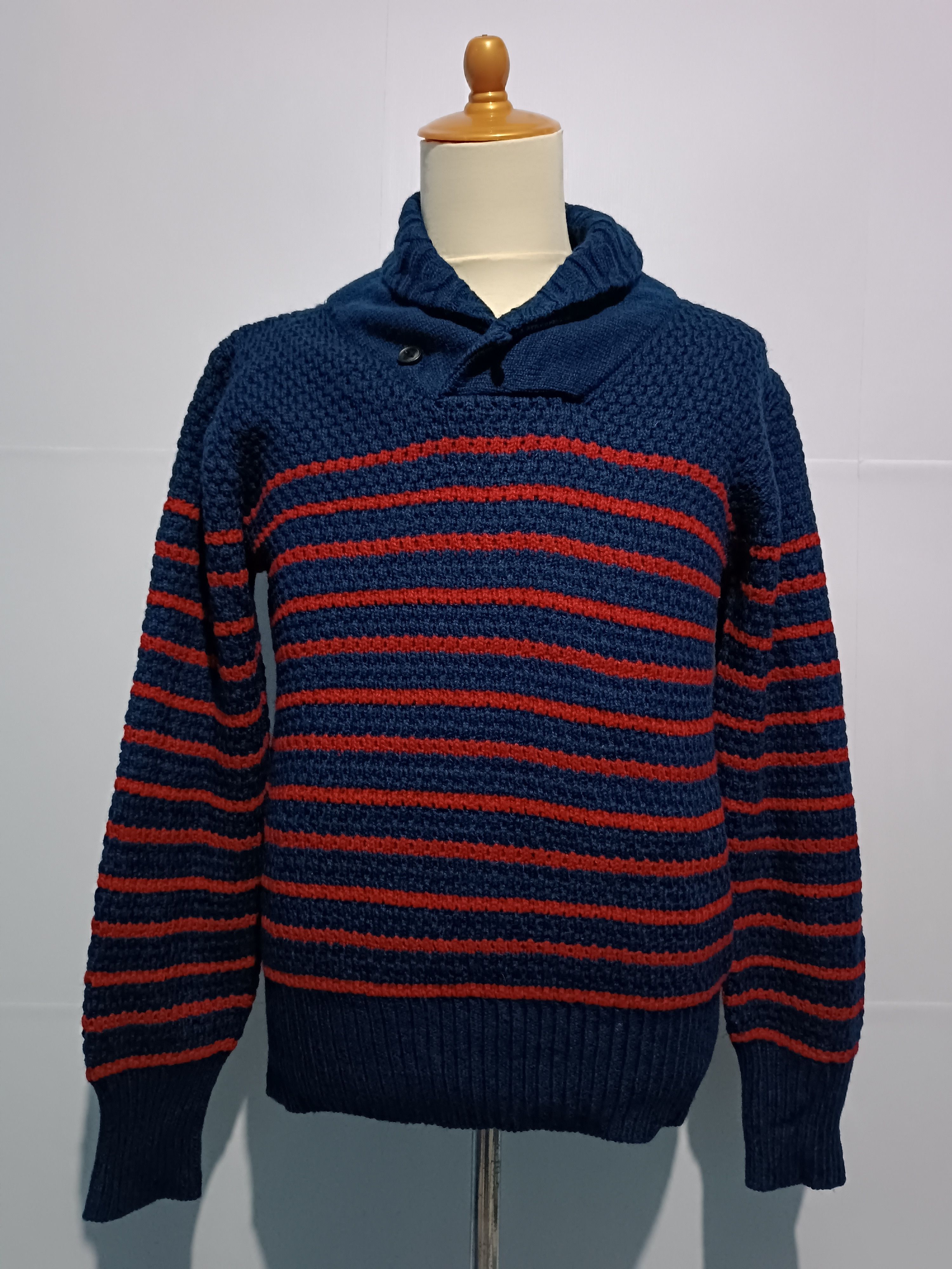 Japanese Brand Men's Shawl Collar Striped Textured Knit Pullover Sweater Size US M / EU 48-50 / 2 - 1 Thumbnail