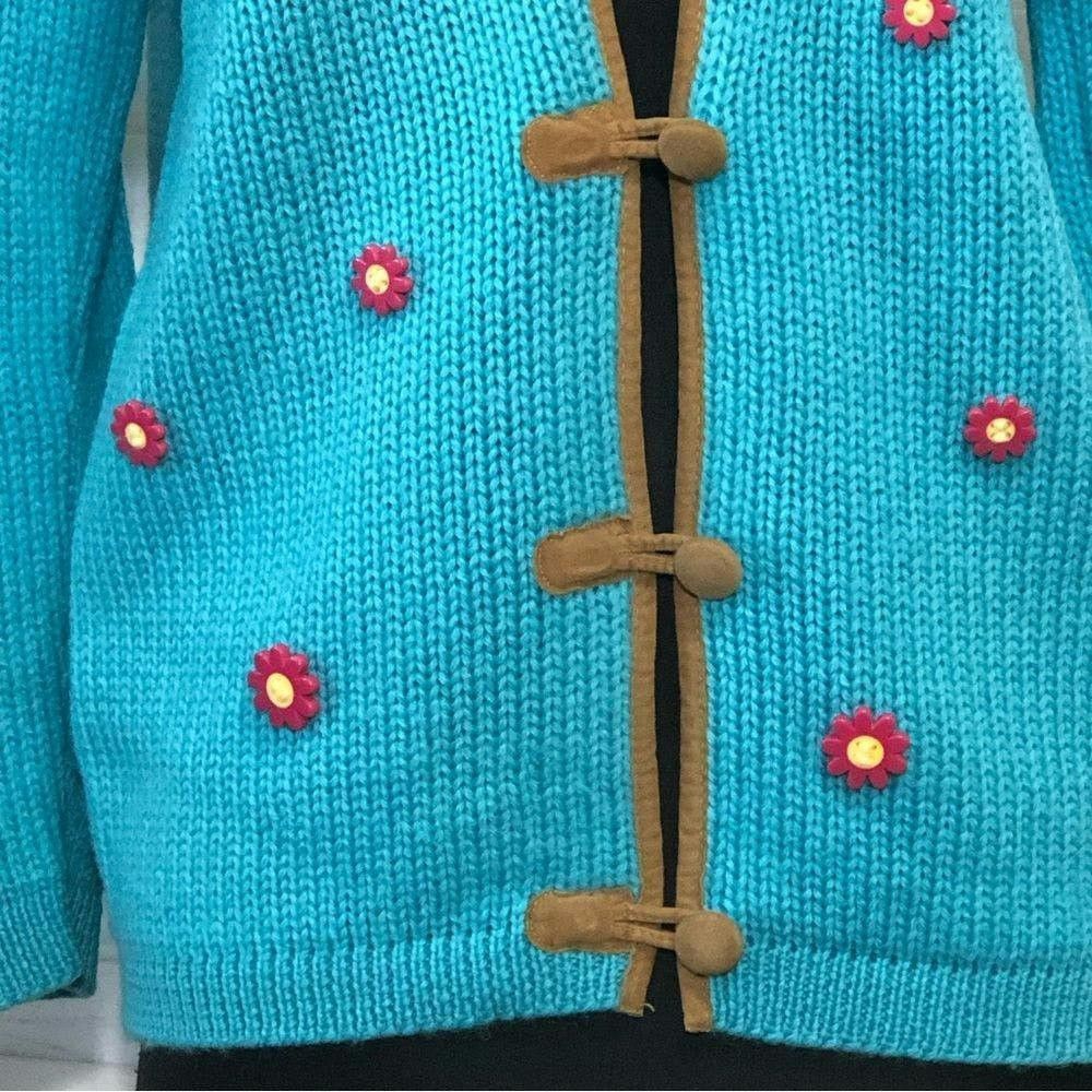 Vintage Vtge 80s pink daisies buttons teal blue granny cardigan M Size M / US 6-8 / IT 42-44 - 3 Thumbnail