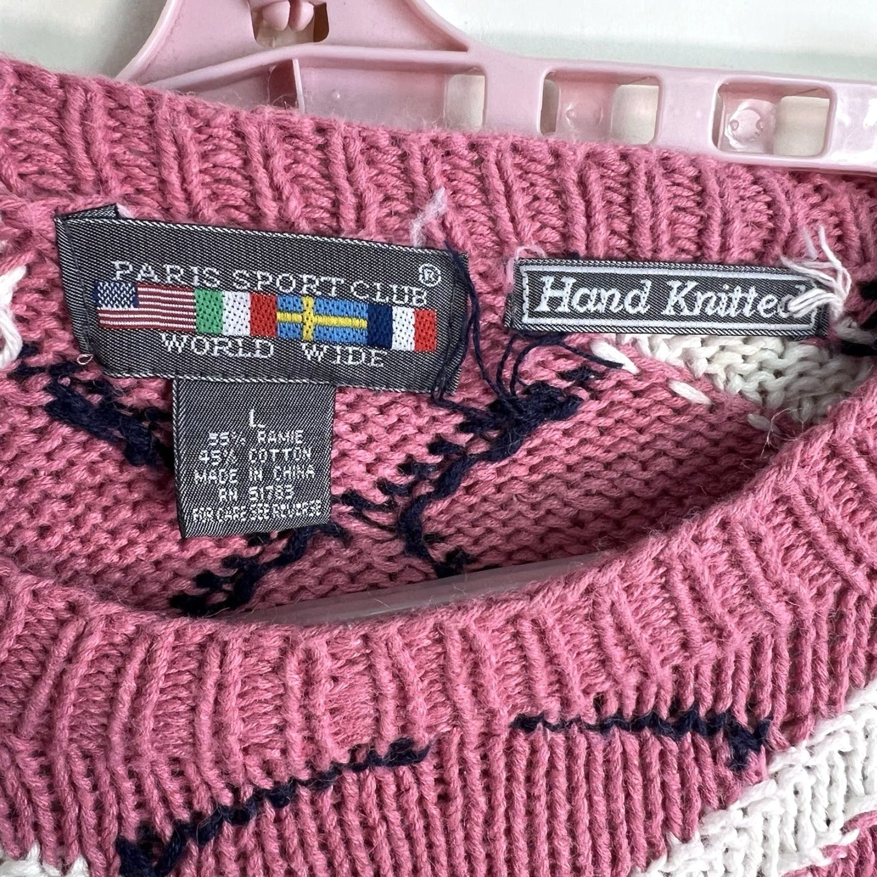 Vintage VINTAGE Paris Sports Club Sweater Womens L Pink Floral Knit Pullover Raglan Long Sleeve Round Neck 80s 90s City Paris (Hand Knitted) Size L / US 10 / IT 46 - 5 Thumbnail