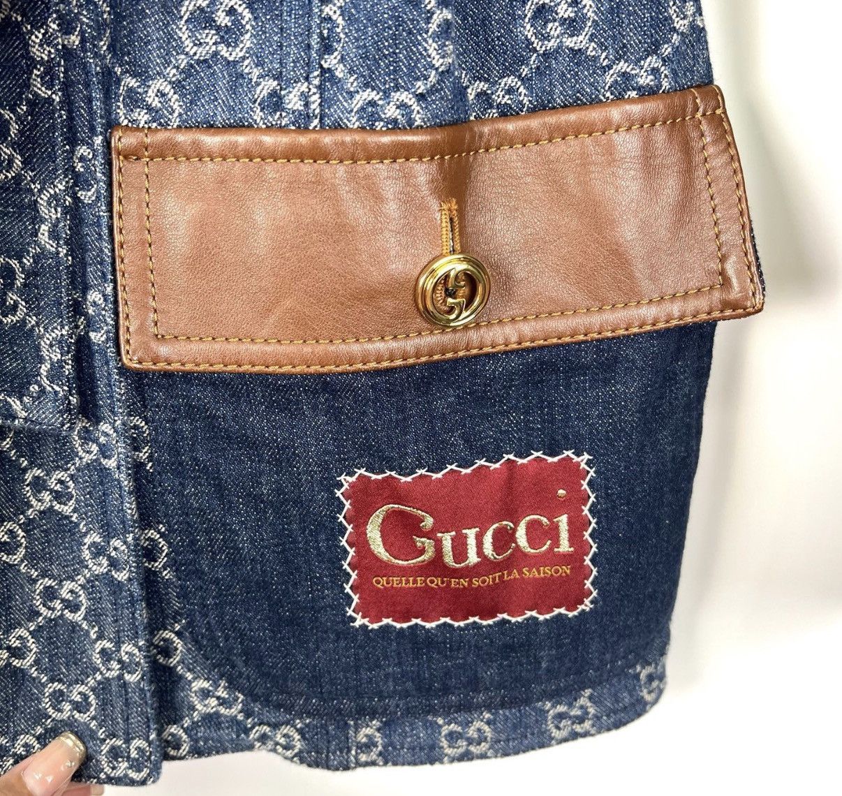Gucci Gucci Dark Blue All-Over Logo Leather Panel Denim Jacket K12 Size XXS / US 00 / IT 34 - 6 Thumbnail