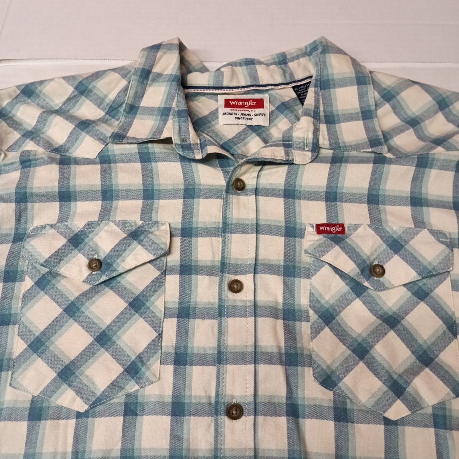 Wrangler Wrangler Cowboy Wash Twill Shirt Mens XL Nile Blue Checkered Size US XL / EU 56 / 4 - 3 Thumbnail