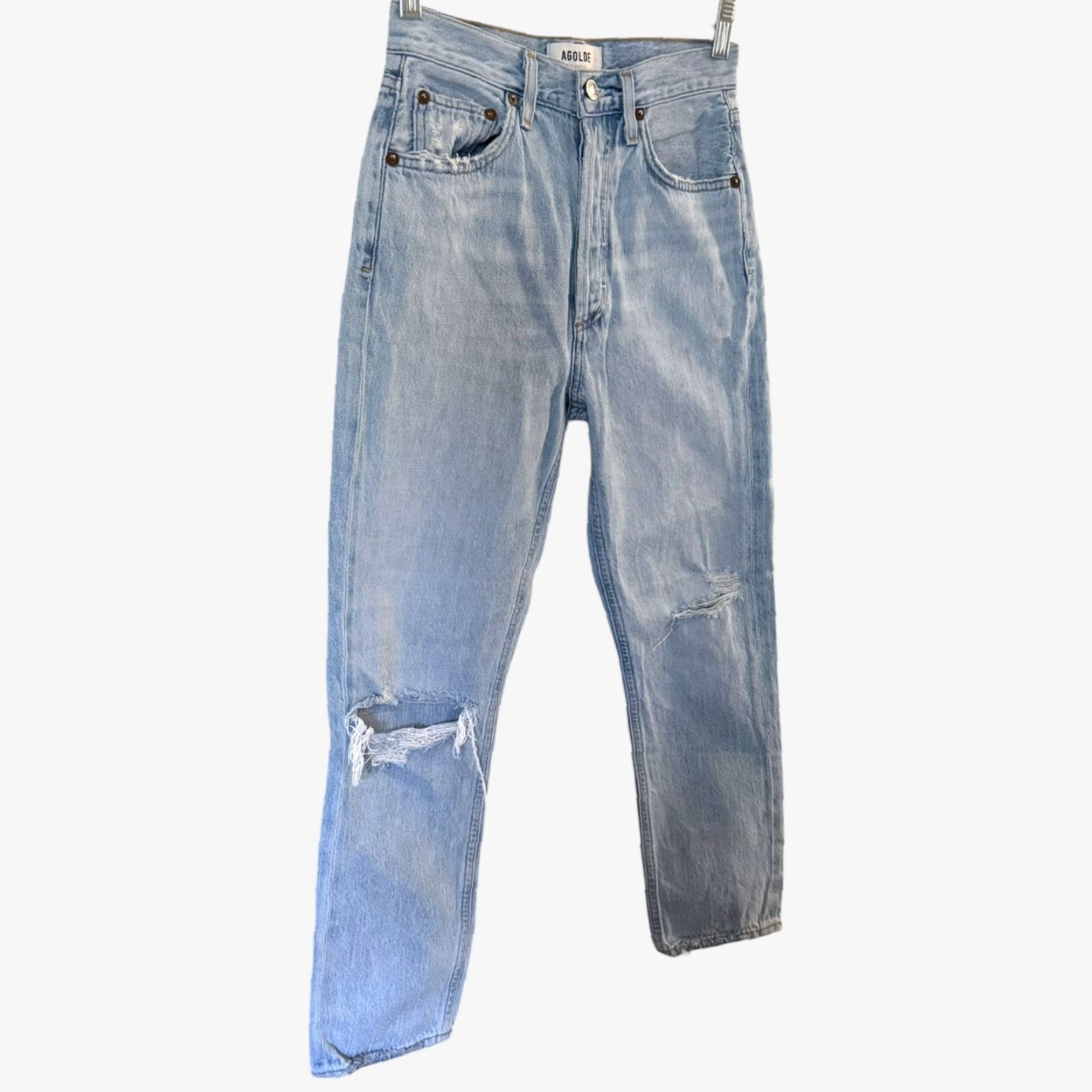 Agolde AGOLDE Riley High-Rise Straight Crop Jeans Blue Distressed Button-Fly Women's 24 Denim 5-Pocket Inseam 25"} Size 42" / US 20 - 3 Thumbnail