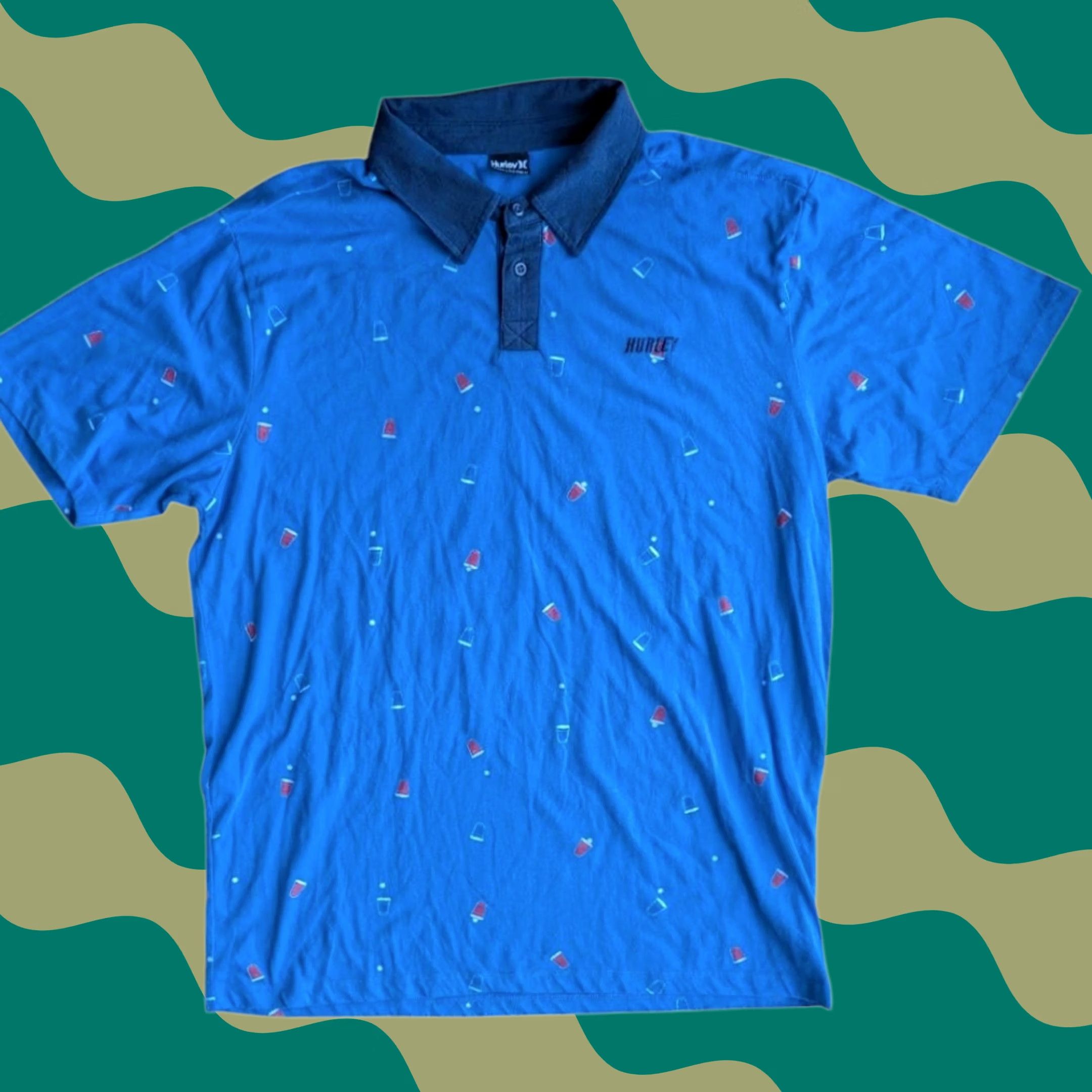 Hurley Hurley Mens Blue Red Party Cup Ping Pong Ball Print Polo Shirt L JS Casual Graphic Print Top Size US L / EU 52-54 / 3 - 1 Thumbnail