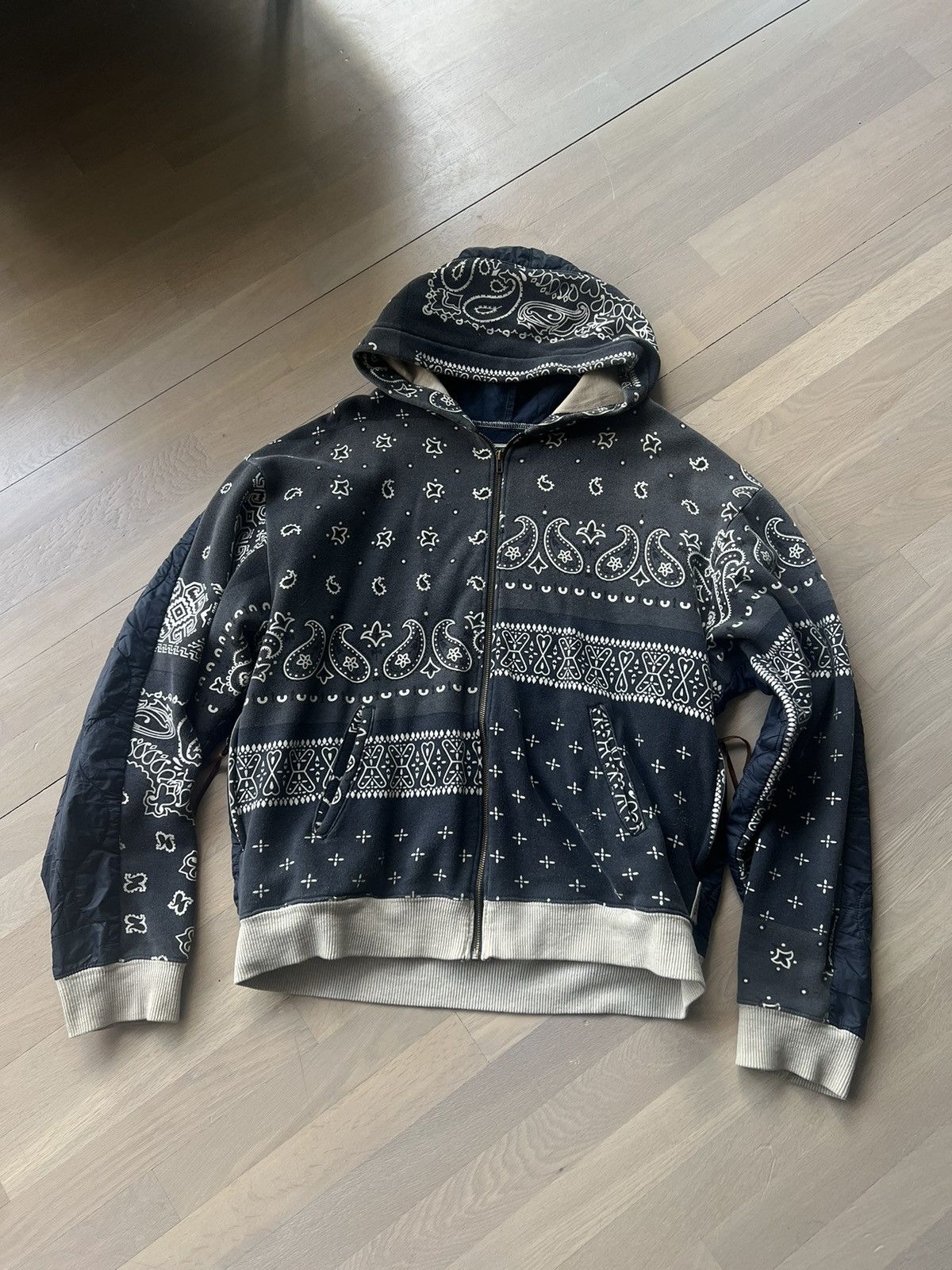image of Kapital Bandana Nylon Parachute Hybrid Zip Hoodie in Blue, Men's (Size XL)