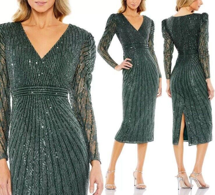 Designer NWT Mac Duggal Long Sleeve Beaded Lace Sequin Green Dress 4 Size S / US 4 / IT 40 - 2 Thumbnail