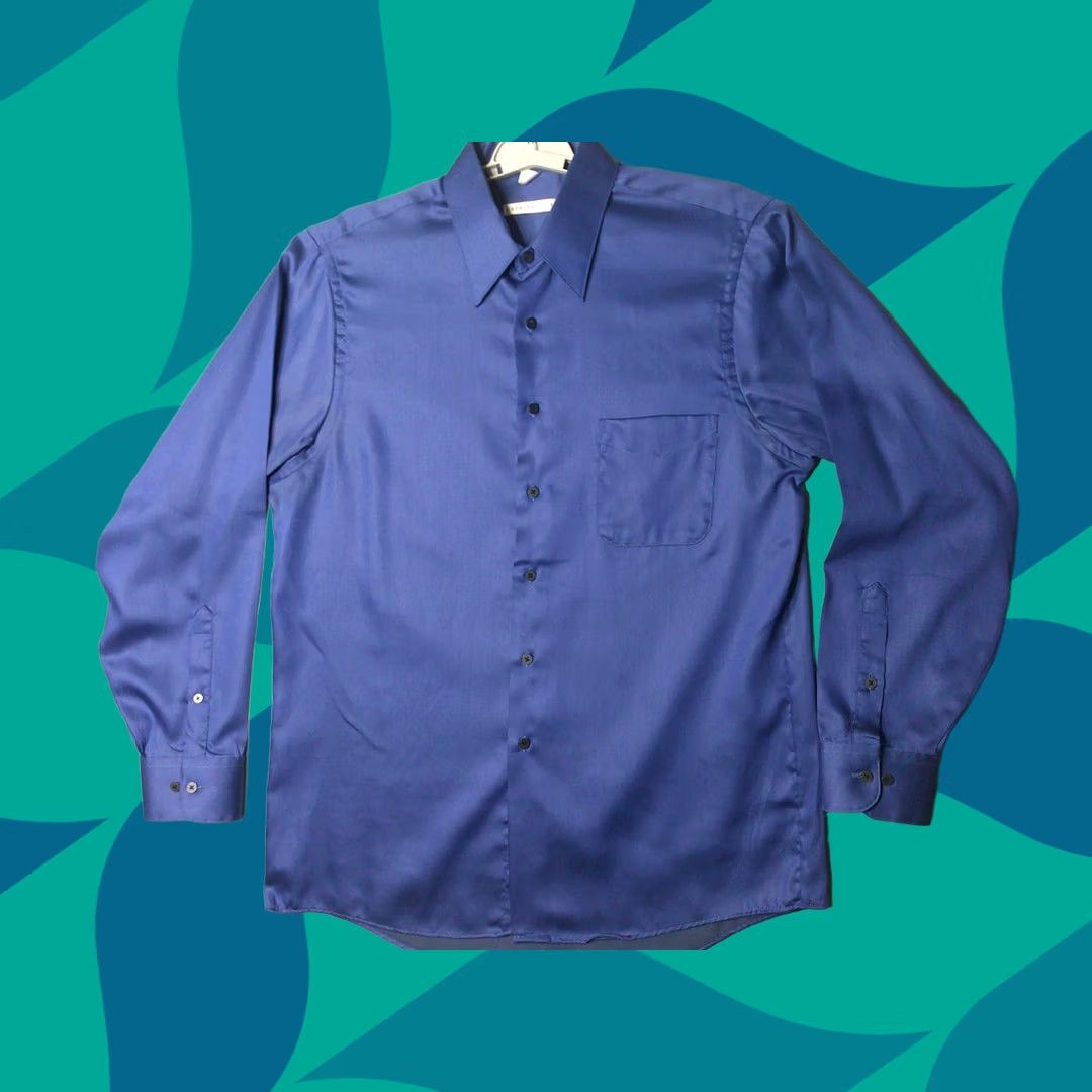 Geoffrey Beene Geoffrey Beene Dress Shirt Mens Large Blue Sateen Wrinkle Free Wedding Formal Shirt Button-Up Long Sleeve Collared 45 Chest Navy Blue 90s? Size 42R - 1 Thumbnail