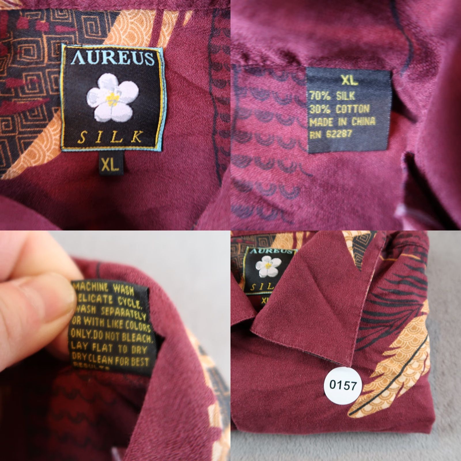 Vintage Aureus Button-Up Hawaiian Shirt Men XL Burgundy Silk Cotton Size US XL / EU 56 / 4 - 8 Thumbnail