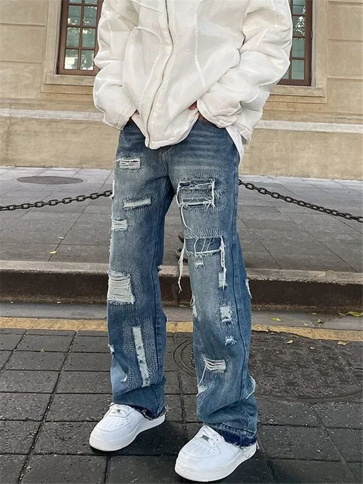 Y2k Blue High Street Jeans Men's Solid Color