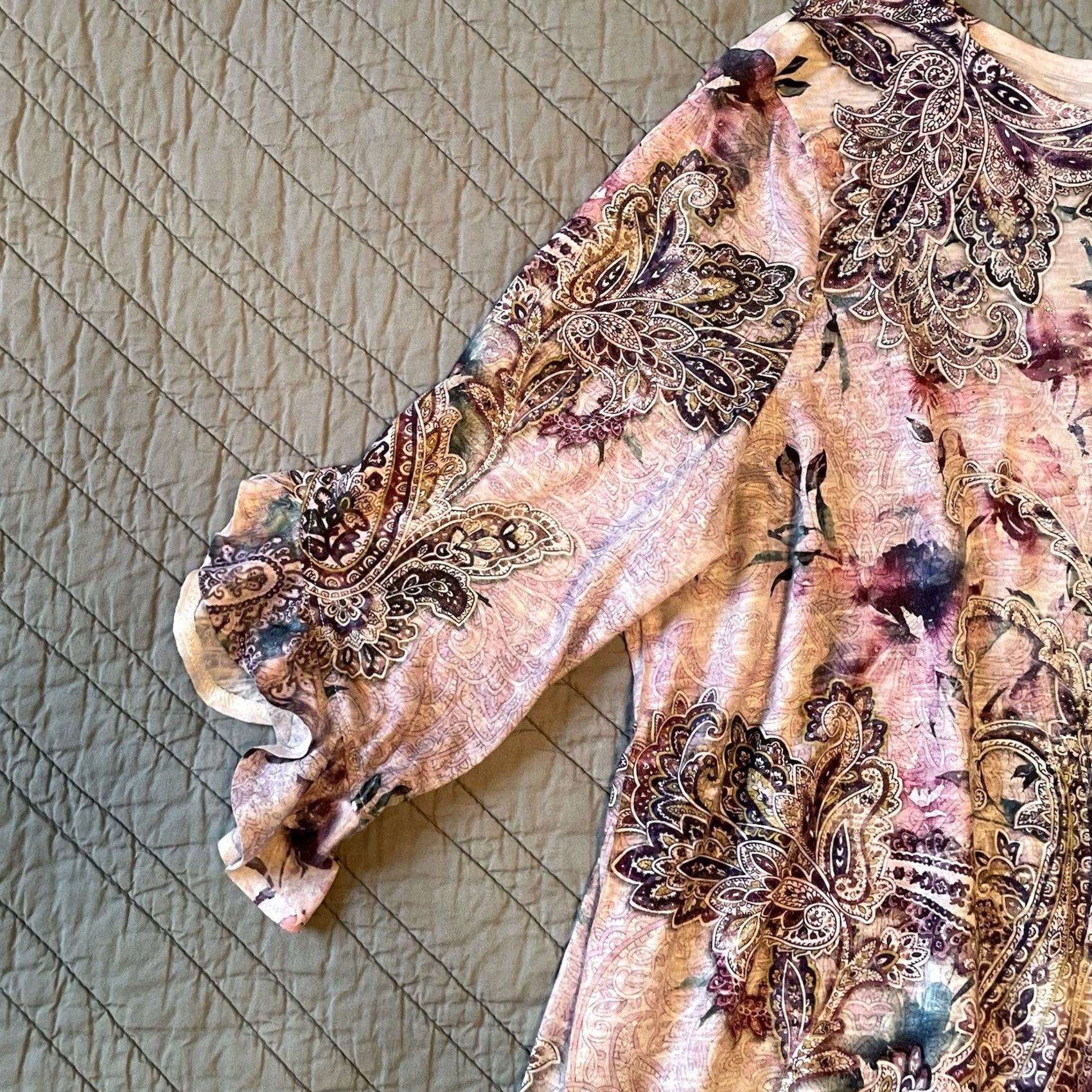 Vintage TIME & TRU Blouse Shirt Womens Bohemian Purple Paisley 20 XXL 3/4 Sleeve Flared Studded Lightweight Regular Large Size 3XL / US 20-22 - 6 Thumbnail