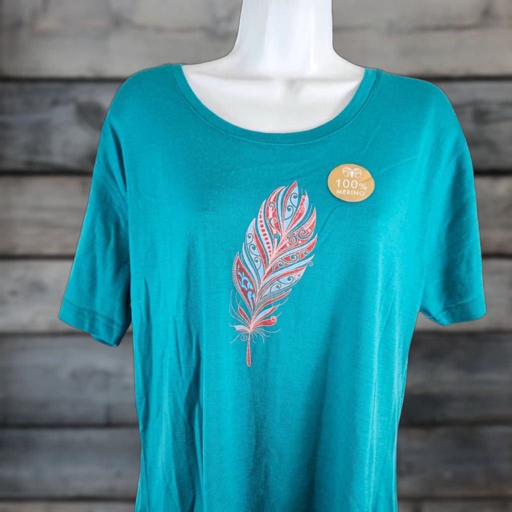 Vintage Kia Kaha Womens Merino Wool Tee Sz XL Blue Pink Feather Short Sleeve Shirt Womens XL Merino Wool Tee Size 40" / US 18 - 1 Thumbnail