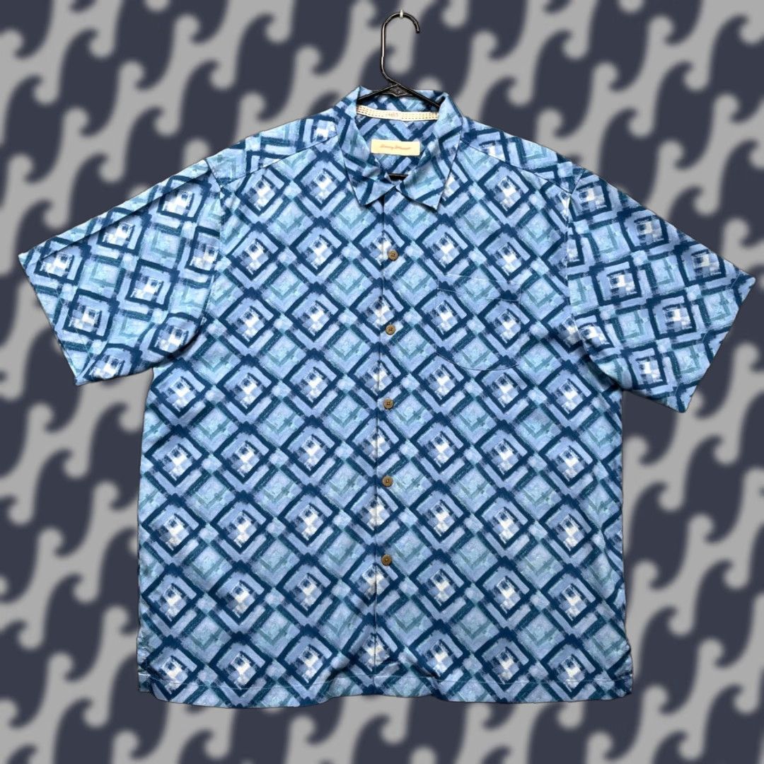 Tommy Bahama Tommy Bahama Camp Shirt Mens XL Blue Geometric Silk Hawaiian Loop Collar Cruise Shirt Size US XL / EU 56 / 4 - 1 Thumbnail