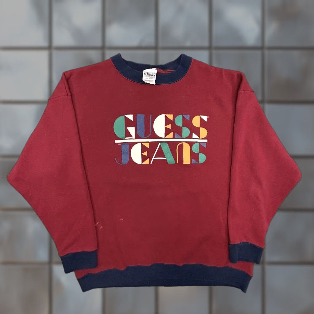 Guess VINTAGE GUESS Sweatshirt Mens Large Burgundy Crewneck Made in USA 90s Graphic Print Logo Pullover Knit Cotton Red Reg Mens Size US L / EU 52-54 / 3 - 1 Thumbnail