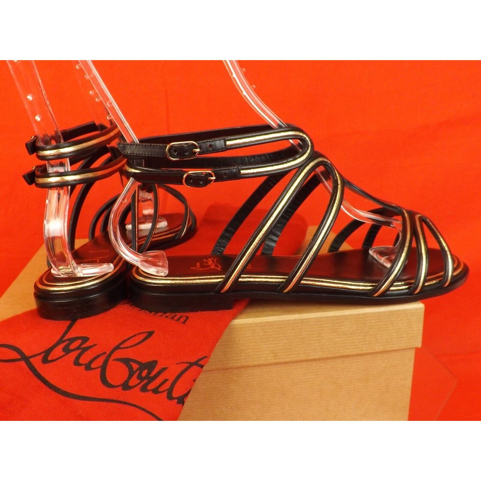 Christian Louboutin ZENOSANDY BLACK LEATHER CAGED FLATS GLADIATOR SANDALS 38.5 Size US 8.5 / IT 38.5 - 8 Thumbnail