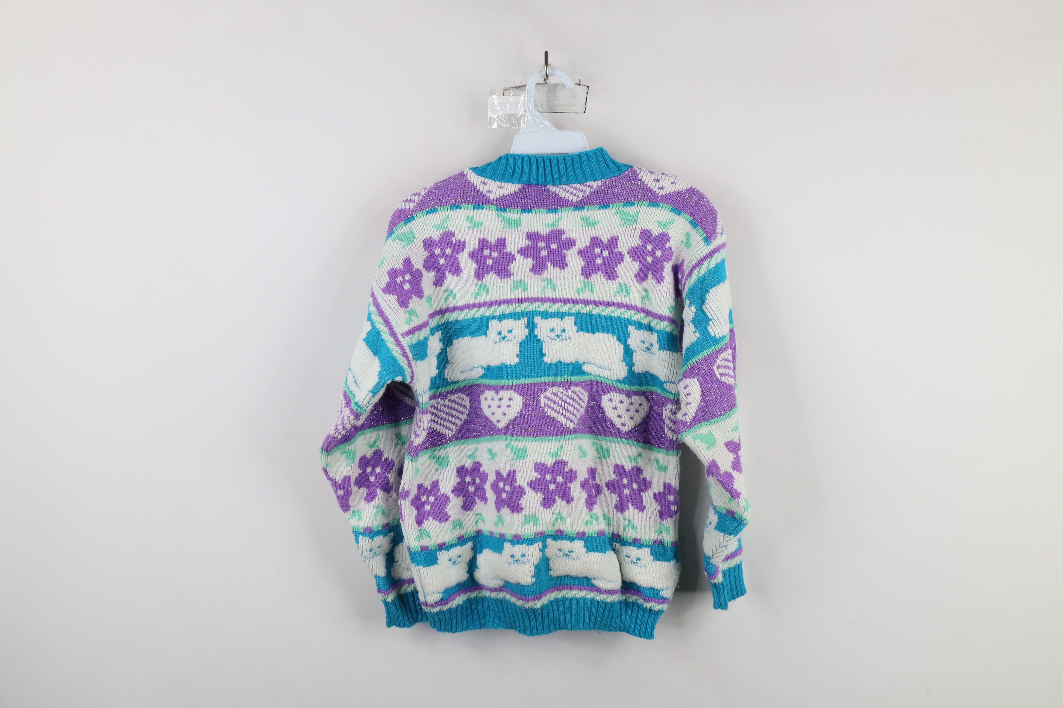 Vintage Vintage 80s 90s Kawaii Heart Cat Flower Knit Sweater USA Size XS / US 0-2 / IT 36-38 - 7 Thumbnail