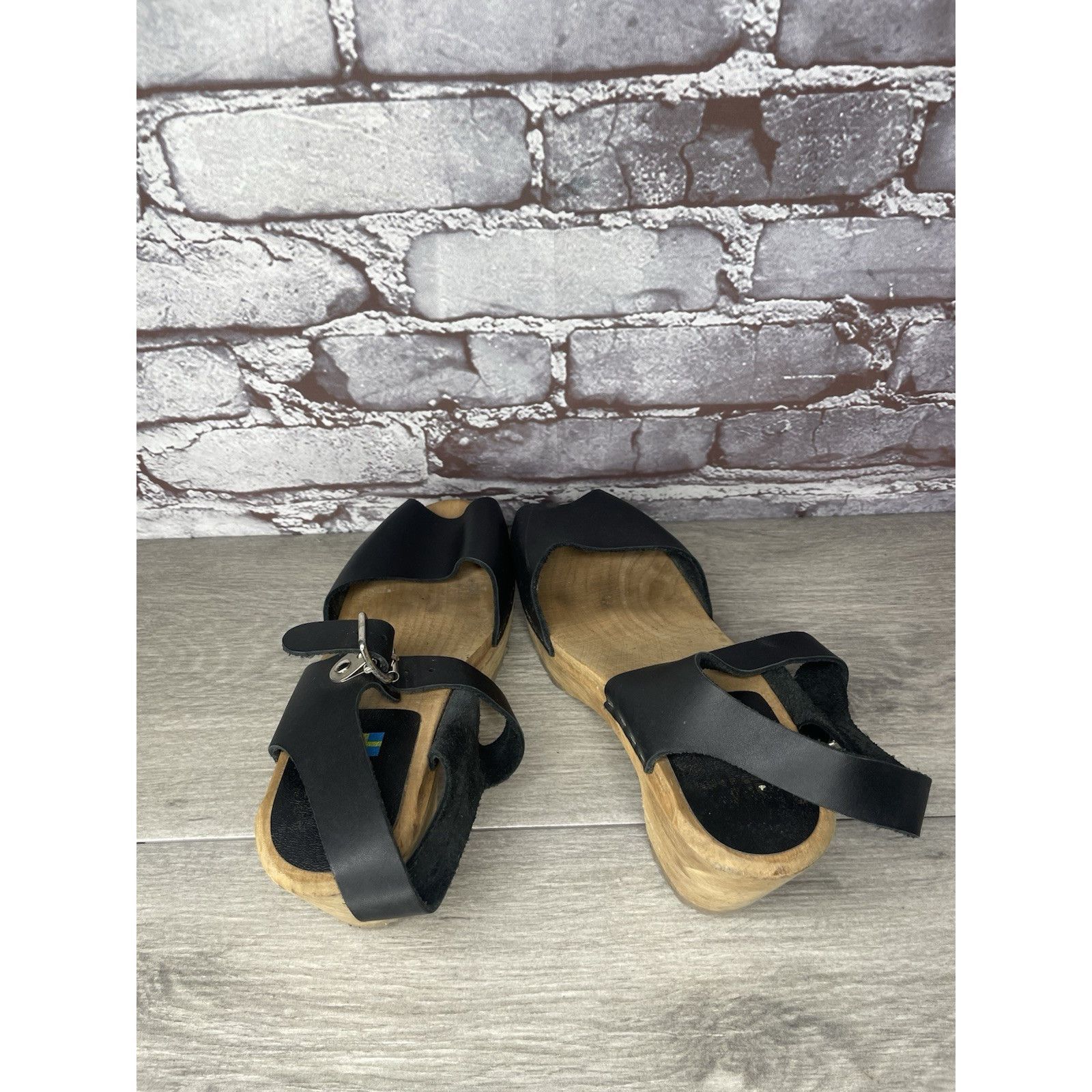 Swedish Hasbeens Swedish Hasbeens Black Leather Wooden Heel Peep Toe Ankle St Size US 7.5 / IT 37.5 - 6 Thumbnail