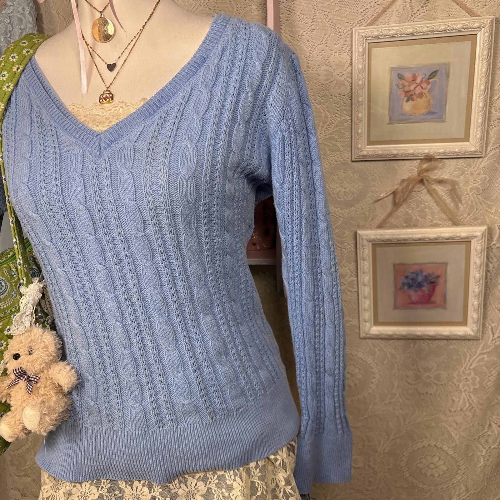 Faded Glory vintage blue cable knit rory gilmore sweater Size L / US 10 / IT 46 - 2 Thumbnail