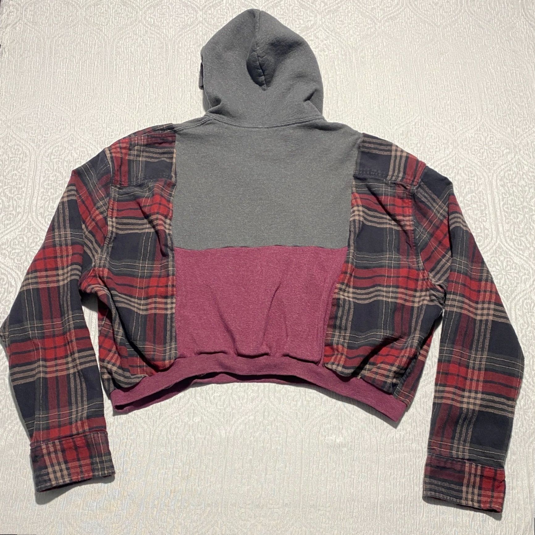 Fruit Of The Loom VINTAGE Nike Patch Reworked Cropped Hoodie Plaid Flannel Hybrid Grey Red S Hip Women? Size S / US 4 / IT 40 - 2 Thumbnail