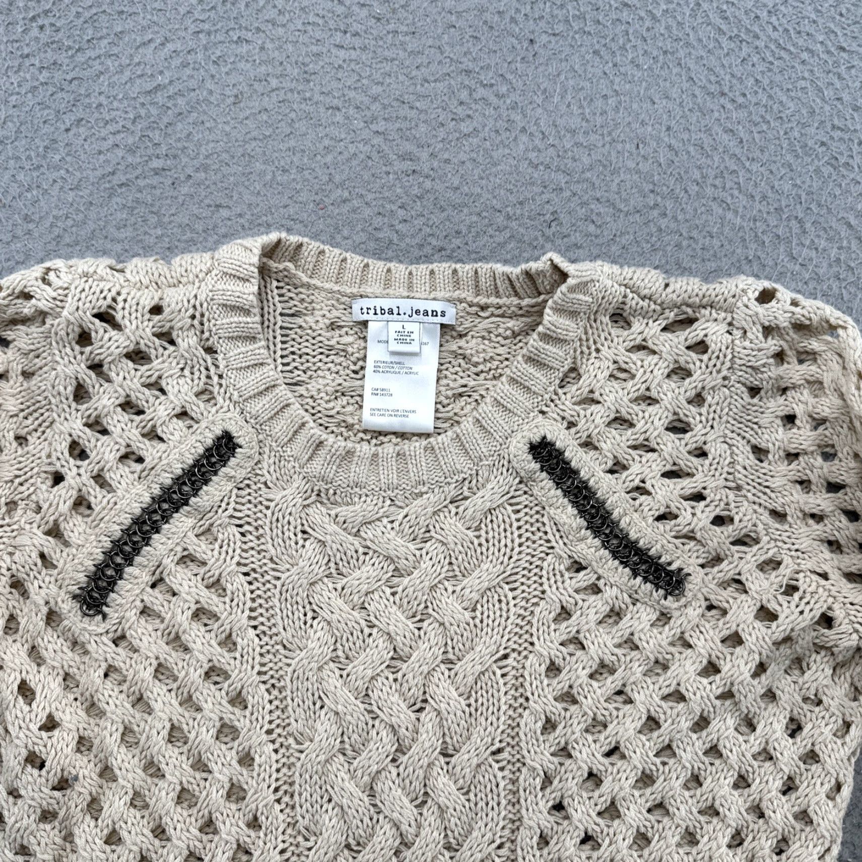 Vintage Tribal Jeans Womens Beige Open-Knit Embellished Long Sleeve Pullover Sweater Size L Size L / US 10 / IT 46 - 2 Thumbnail