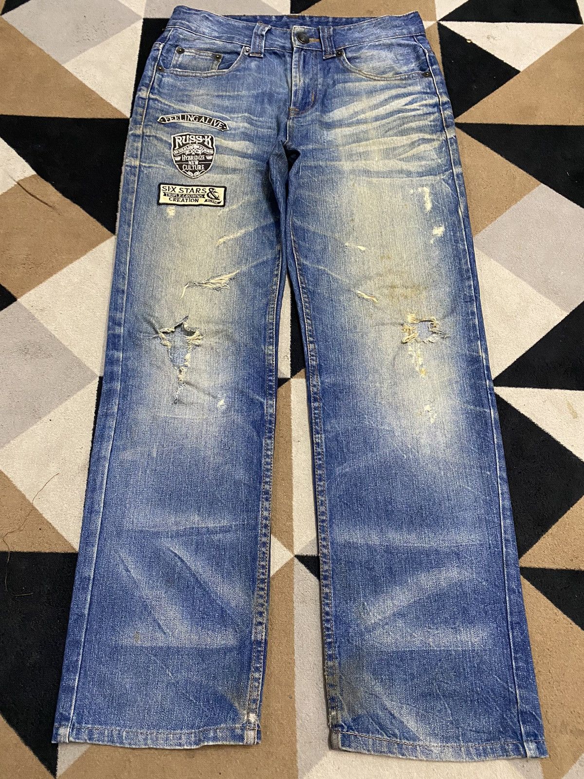 Japanese Brand Vintage Japanese Ruskk Whisker Patched Blue Wash Loose Jeans Size US 30 / EU 46 - 1 Thumbnail