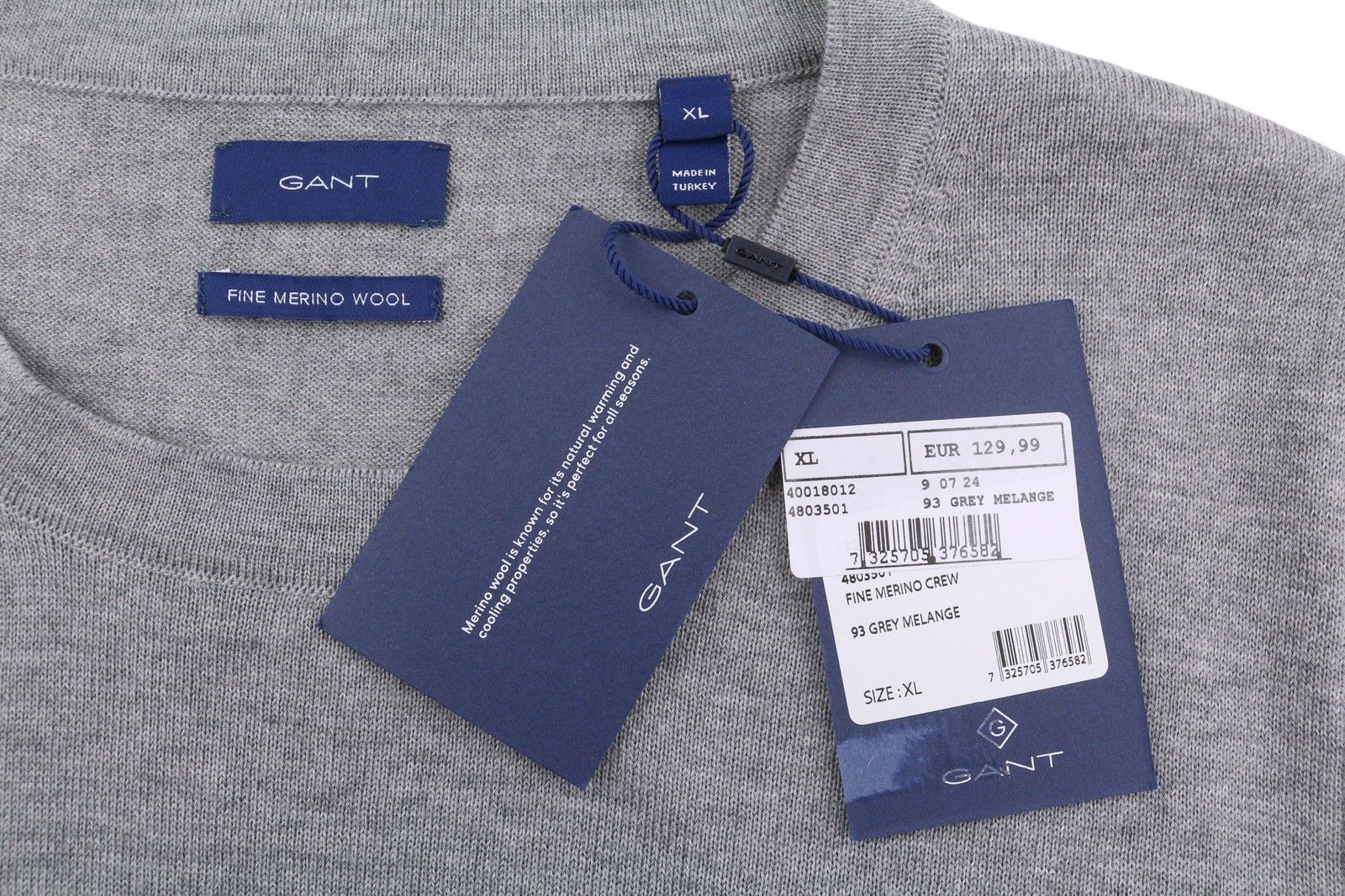 Gant FINE MERINO CREW XL Grey Melange Tight-Knit 88097 Size XL / US 12-14 / IT 48-50 - 6 Thumbnail