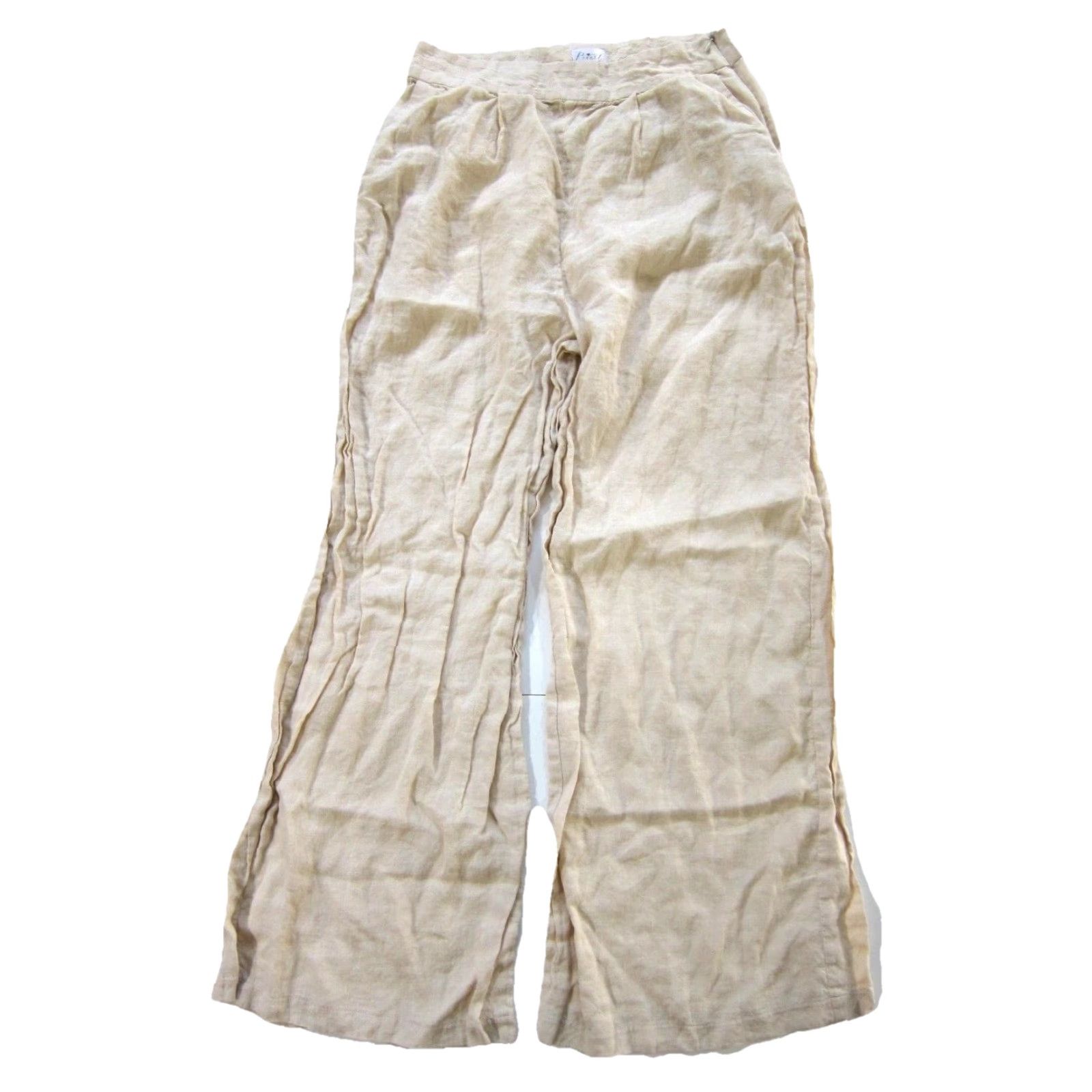 Vintage Revert Apparel 100% Linen Beige Brown Wide Leg High Rise Pocket Pant Women L Size 36" / US 14 / IT 50 - 2 Thumbnail