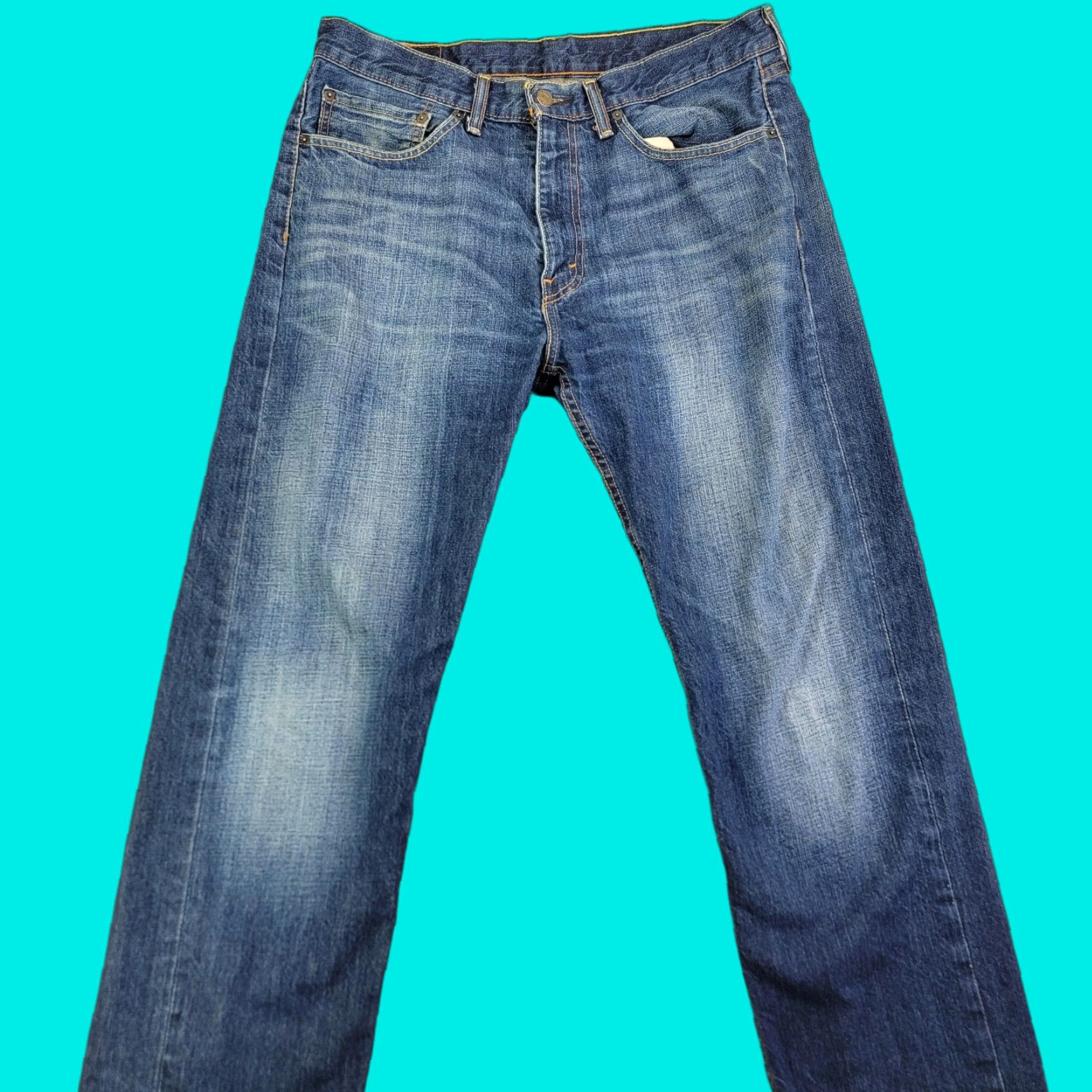 Levi's Levi's 505 Jeans Mens 34x32 Blue Medium Wash Regular Straight Distressed Denim Zip Fly Five-Pocket Leather Patch Red Tab Size US 34 / EU 50 - 1 Thumbnail