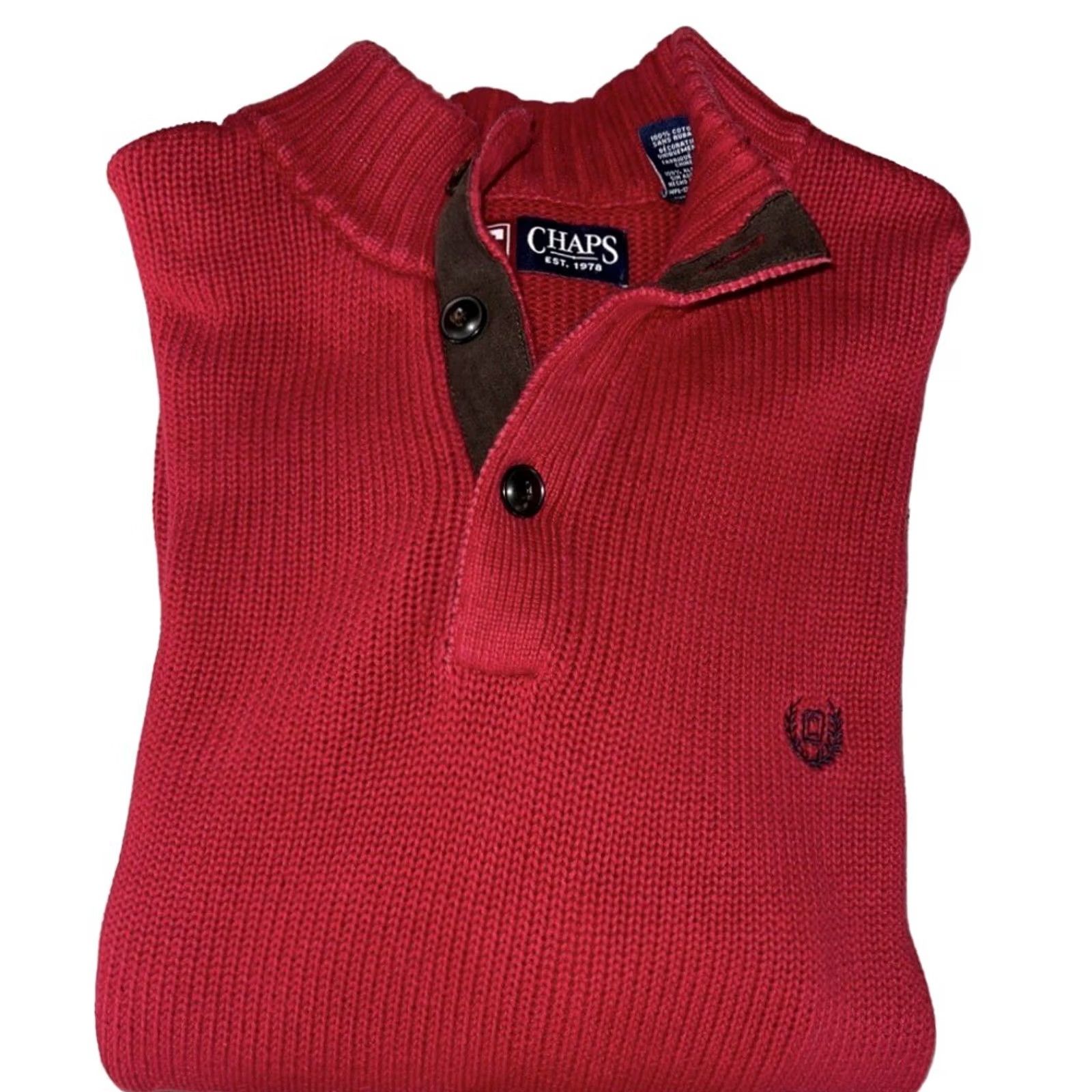 Chaps Chaps Men XL Red Pullover Sweater Long Sleeve Mock Turtle Neck 1/4 Button Down Elbow Patches Knit Cotton Size US XL / EU 56 / 4 - 2 Thumbnail