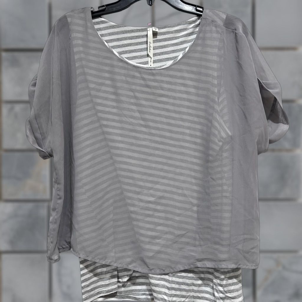 Vintage VINTAGE Bellatrix Shirt Womens L Gray Sheer Overlay Striped Dolman Sleeve Scoop Neck Lightweight Top Blouse Tunic Minimalist Size L / US 10 / IT 46 - 1 Thumbnail