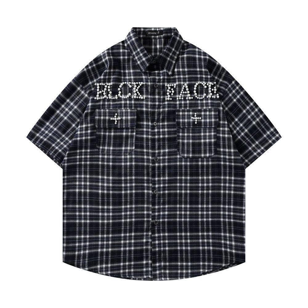 Japanese Brand × Vintage American loose men's trendy beaded letter plaid casual shirt Size US M / EU 48-50 / 2 - 1 Thumbnail