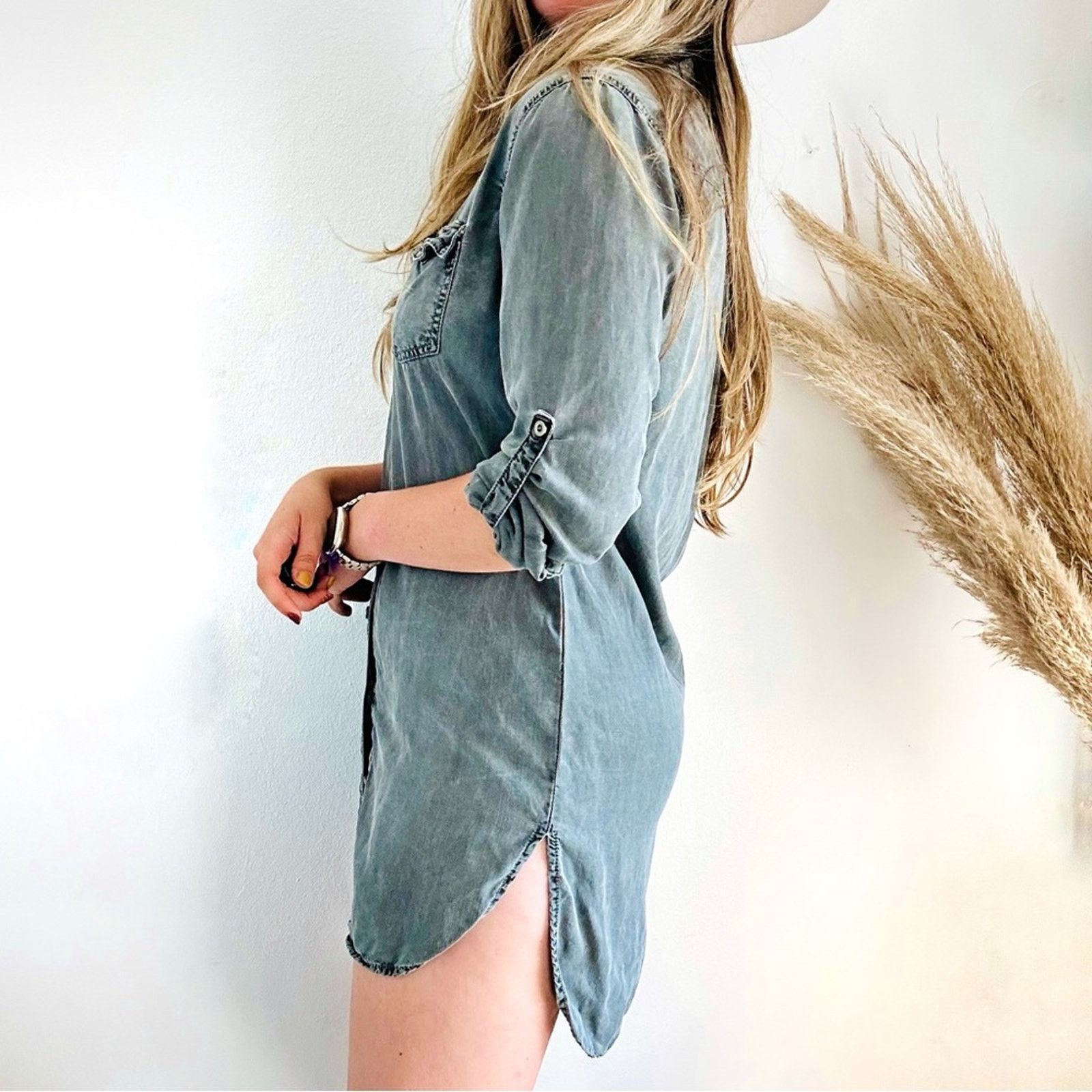 Urban Outfitters SNEAK Washed Black Grey Denim Button Mini Shirt Dress Tunic Size M / US 6-8 / IT 42-44 - 3 Thumbnail