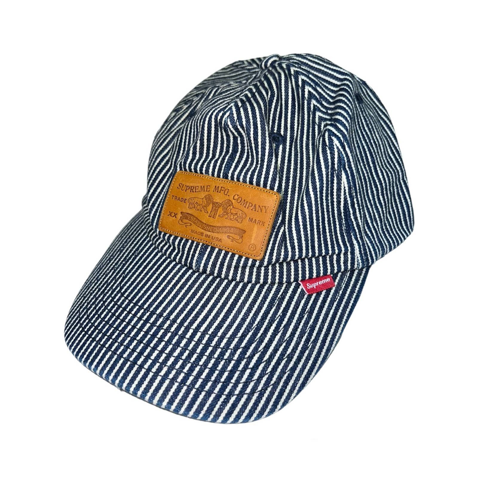 image of Supreme 2009 Striped “Levis” Mfg Leather Patch Hat in Blue, Men's