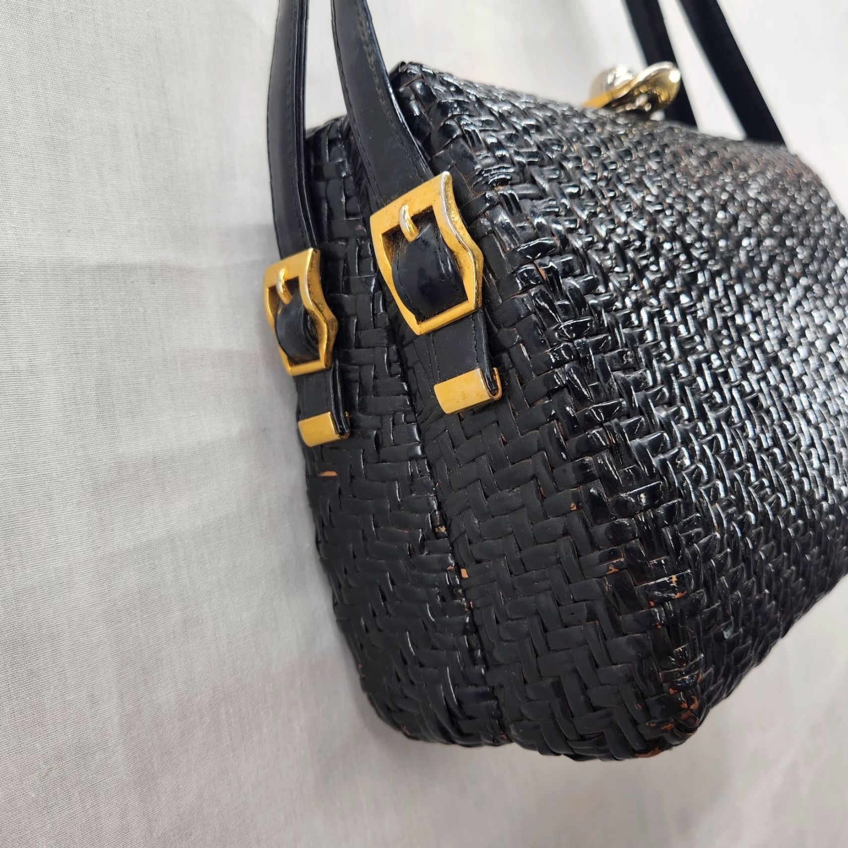 Vintage VINTAGE Koret Black Gold Wicker Basket Handbag Purse Boho Womens Size ONE SIZE - 3 Thumbnail