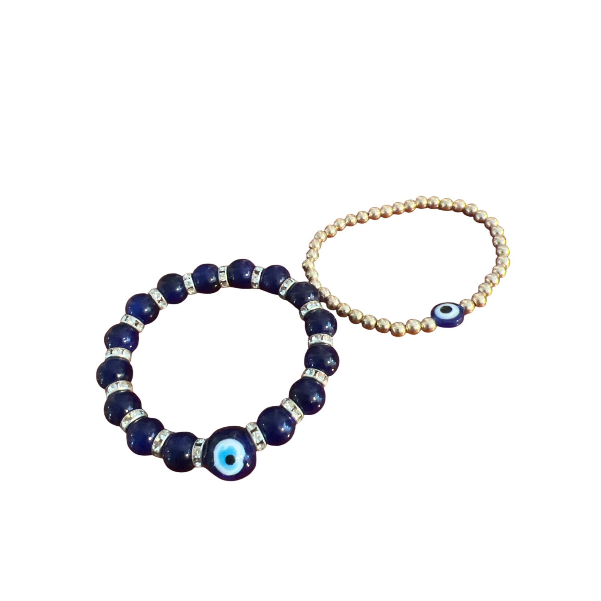 Other Set of 2 Evil Eye Beaded Bracelet Gold Tone Blue Glass Stret Size ONE SIZE - 4 Thumbnail