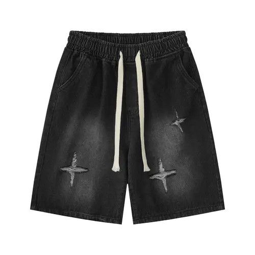 Japanese Brand × Jean Black Star Embroidered Washed Ripped Denim Shorts Size US 32 / EU 48 - 3 Thumbnail