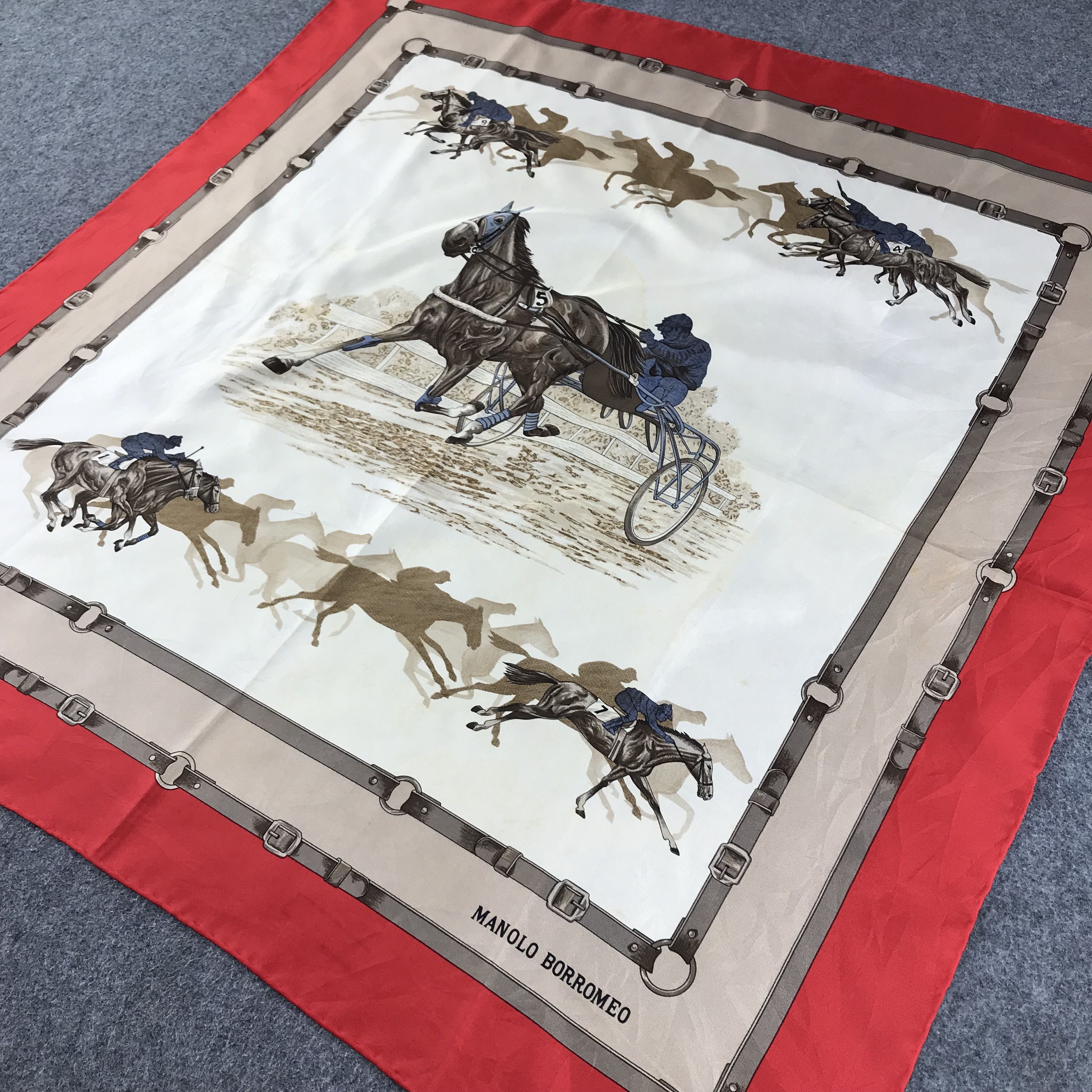 Japanese Brand Manolo Borromeo Horse Racing Silk Scarf M123 Size ONE SIZE - 4 Thumbnail