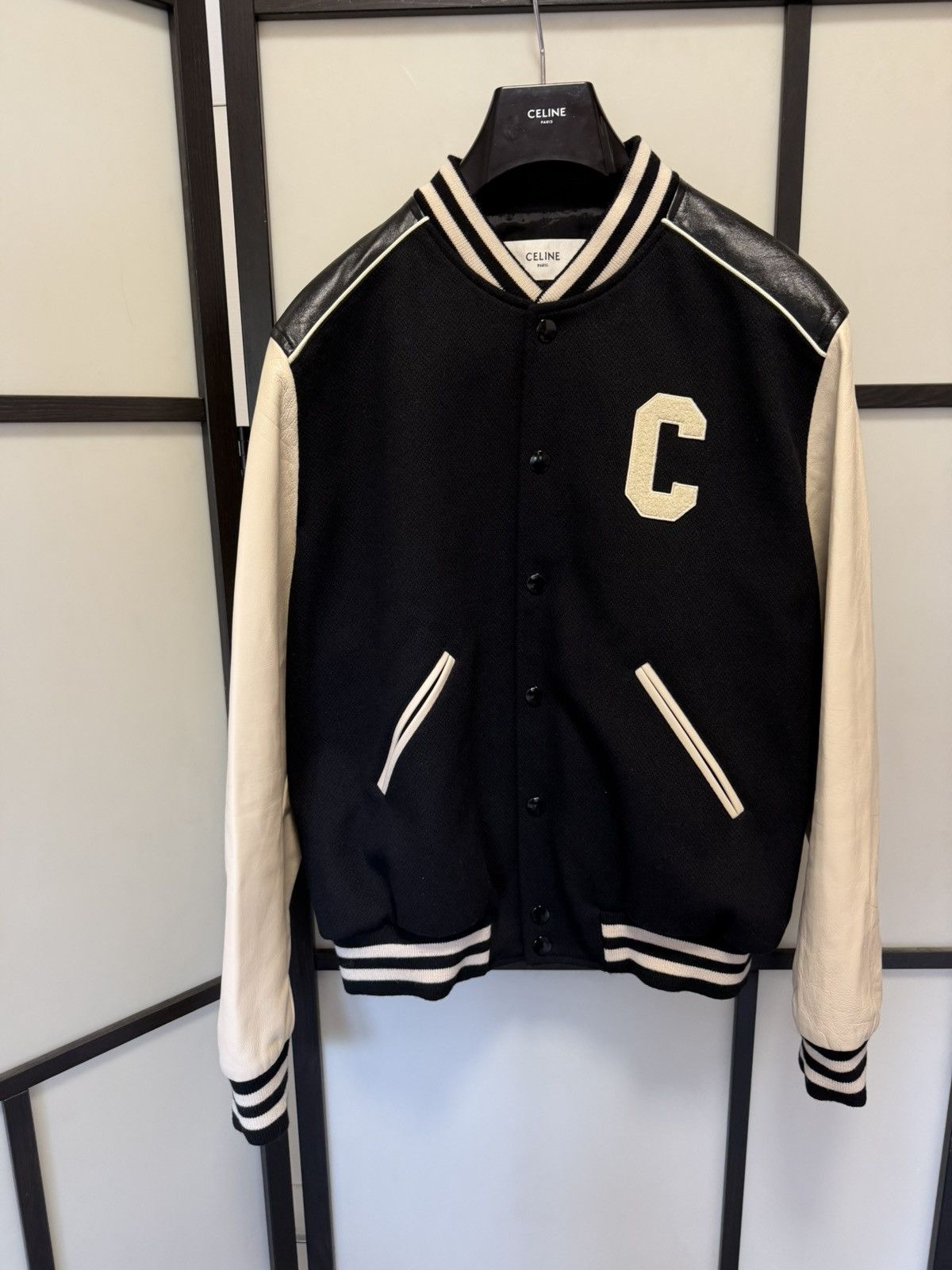 Celine NEW - FW21 Black C Patch Leather Sleeve Wool Teddy 54 Size US L / EU 52-54 / 3 - 1 Thumbnail