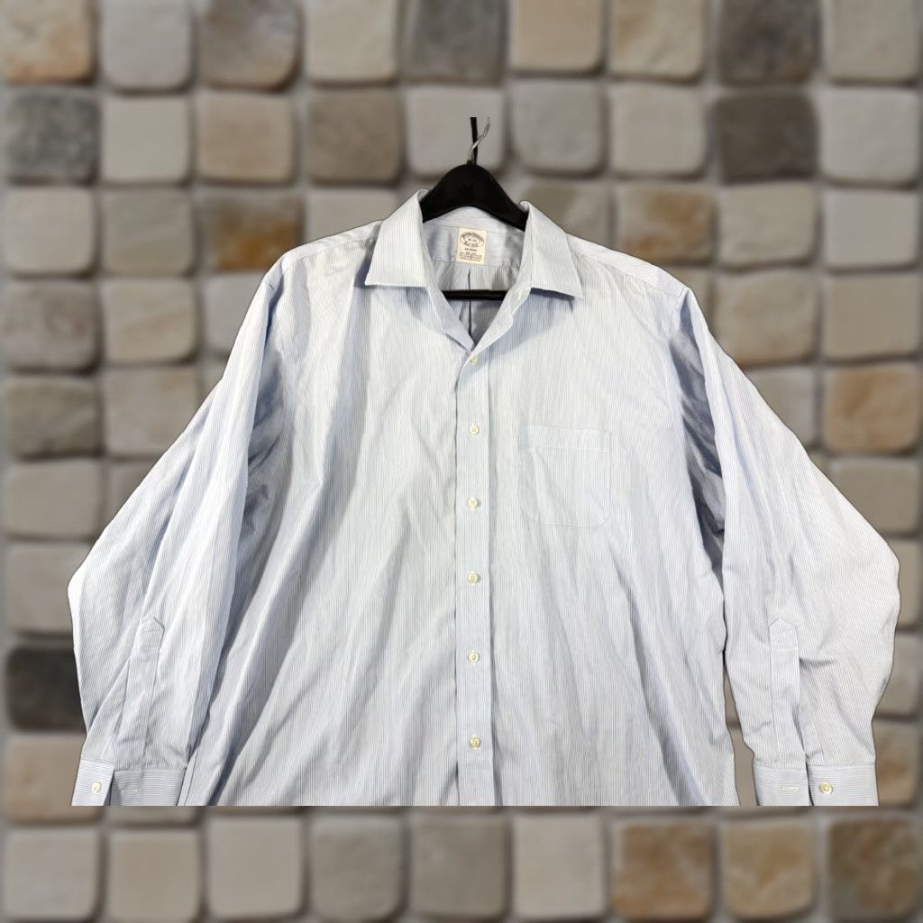 Brooks Brothers Brooks Brothers Regent Dress Shirt Mens 18-34 Blue Pinstriped Non-Iron Stretch Long Sleeve Regular Size 18 Chest 55in Blue Boys Mens? Size 48R - 1 Thumbnail