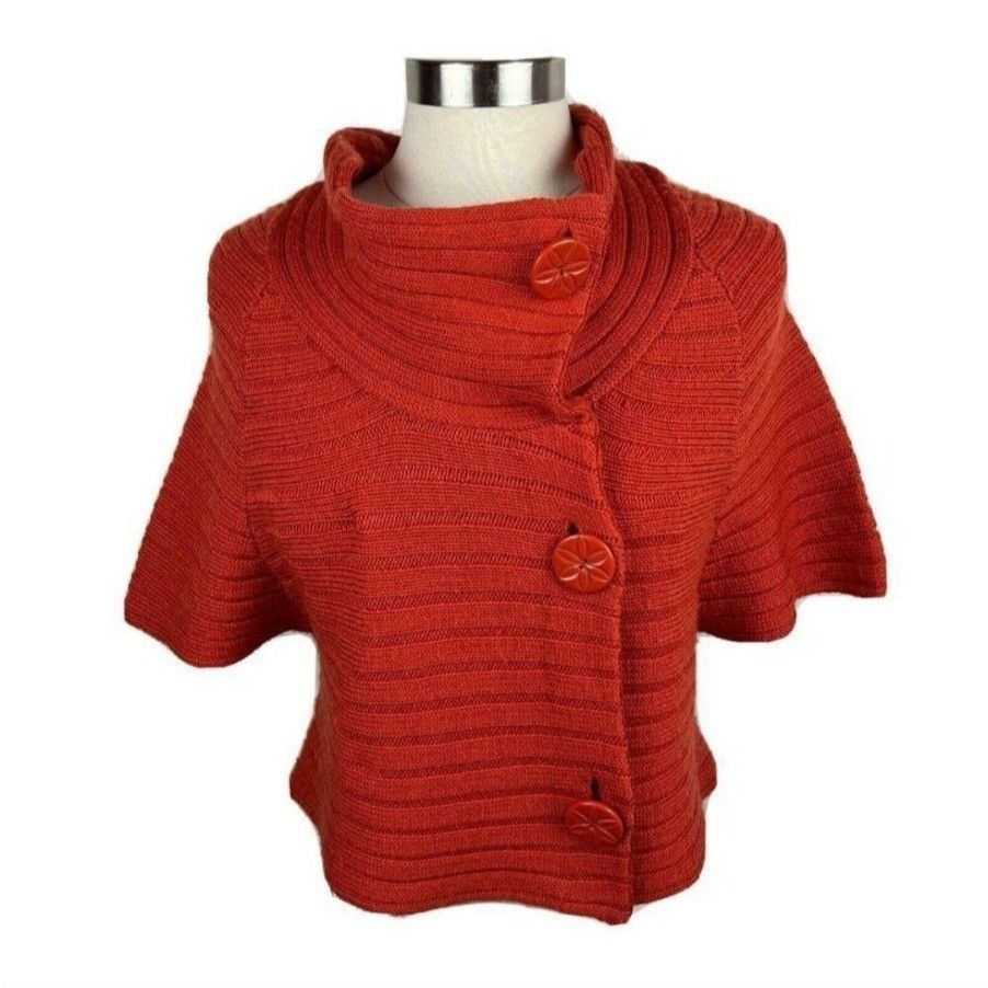 Designer Moth Rust Wool Ribbed Knit Poncho L High Collar Button Cardi Size L / US 10 / IT 46 - 1 Thumbnail
