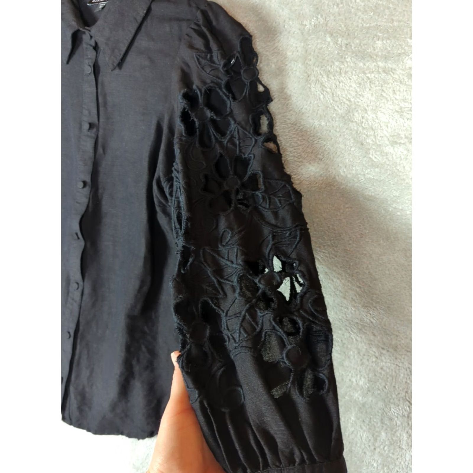 Boston Proper Boston Proper Blouse Shirt Black Linen Blend Inset Drama Sleeve Medium M Women Regular Vintage No Size M / US 6-8 / IT 42-44 - 3 Thumbnail