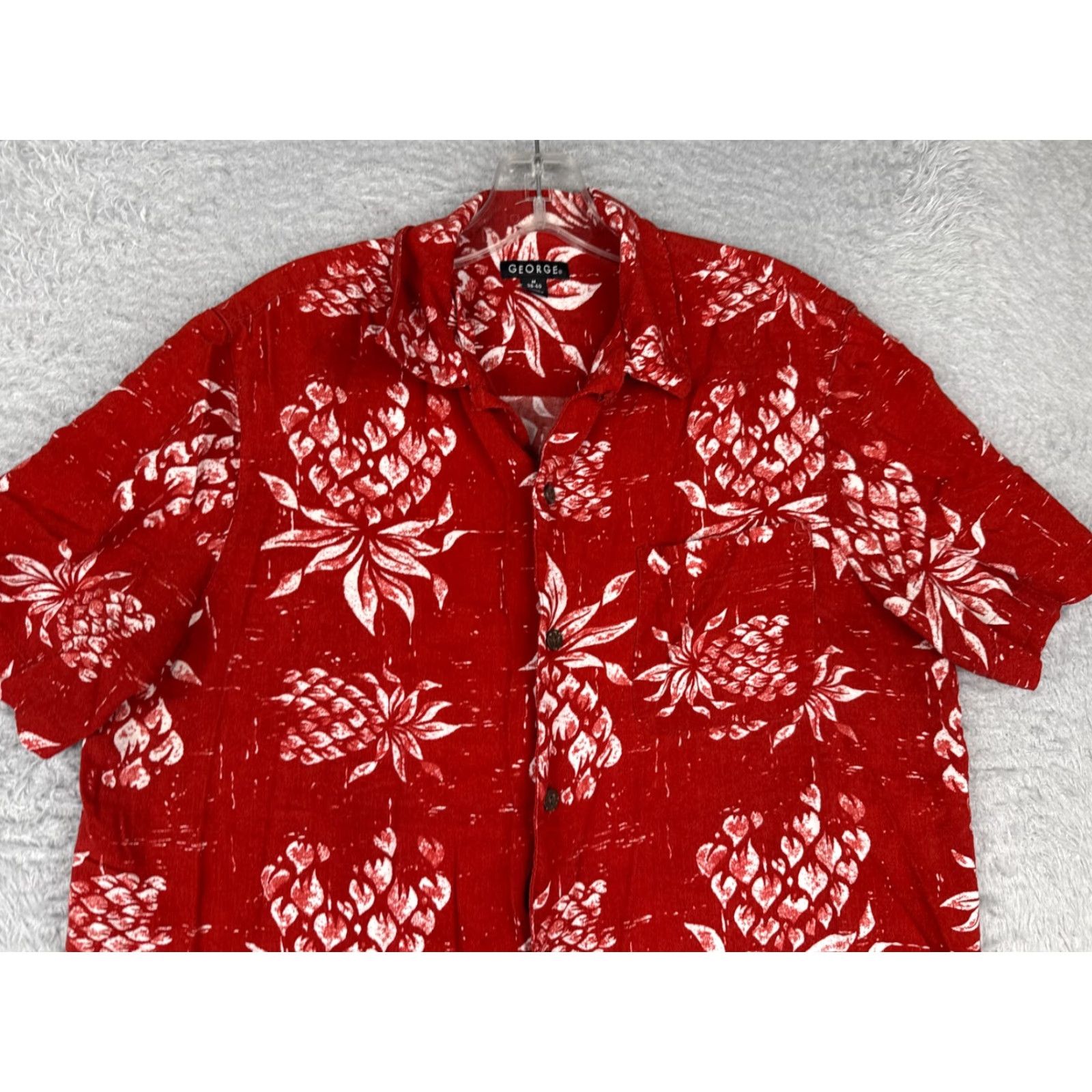 George George Shirt Adult Medium Red Pineapple Floral Button Up Hawaiian 100% Rayon - Men, Floral, Hawaiian, Button-Up, Short Sleeve, Viscose, George Size US M / EU 48-50 / 2 - 4 Thumbnail