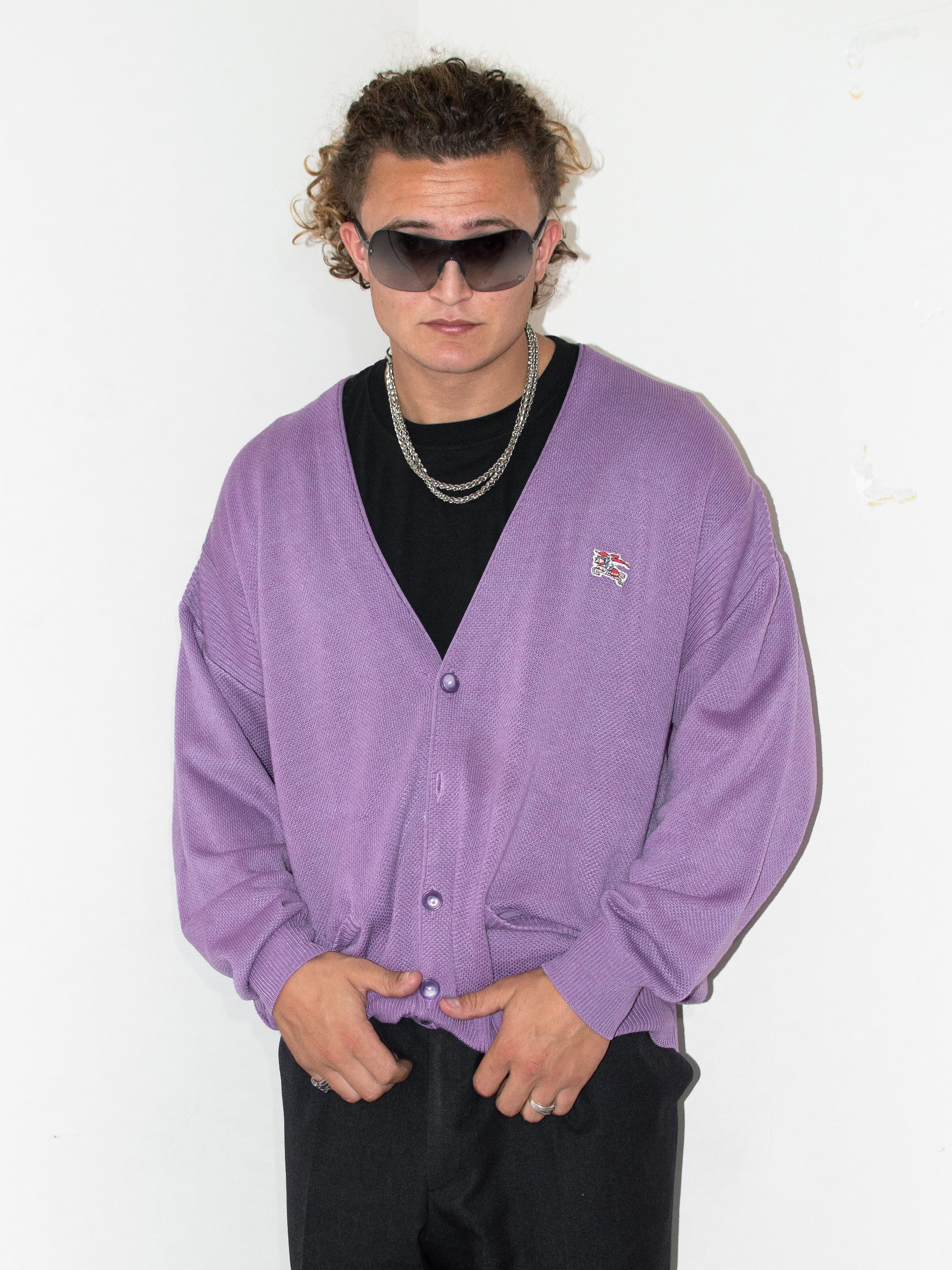 Burberry × Vintage Vintage 90s Burberry Purple/Lilac Faded Button Down Cardigan Size US XXL / EU 58 / 5 - 3 Thumbnail