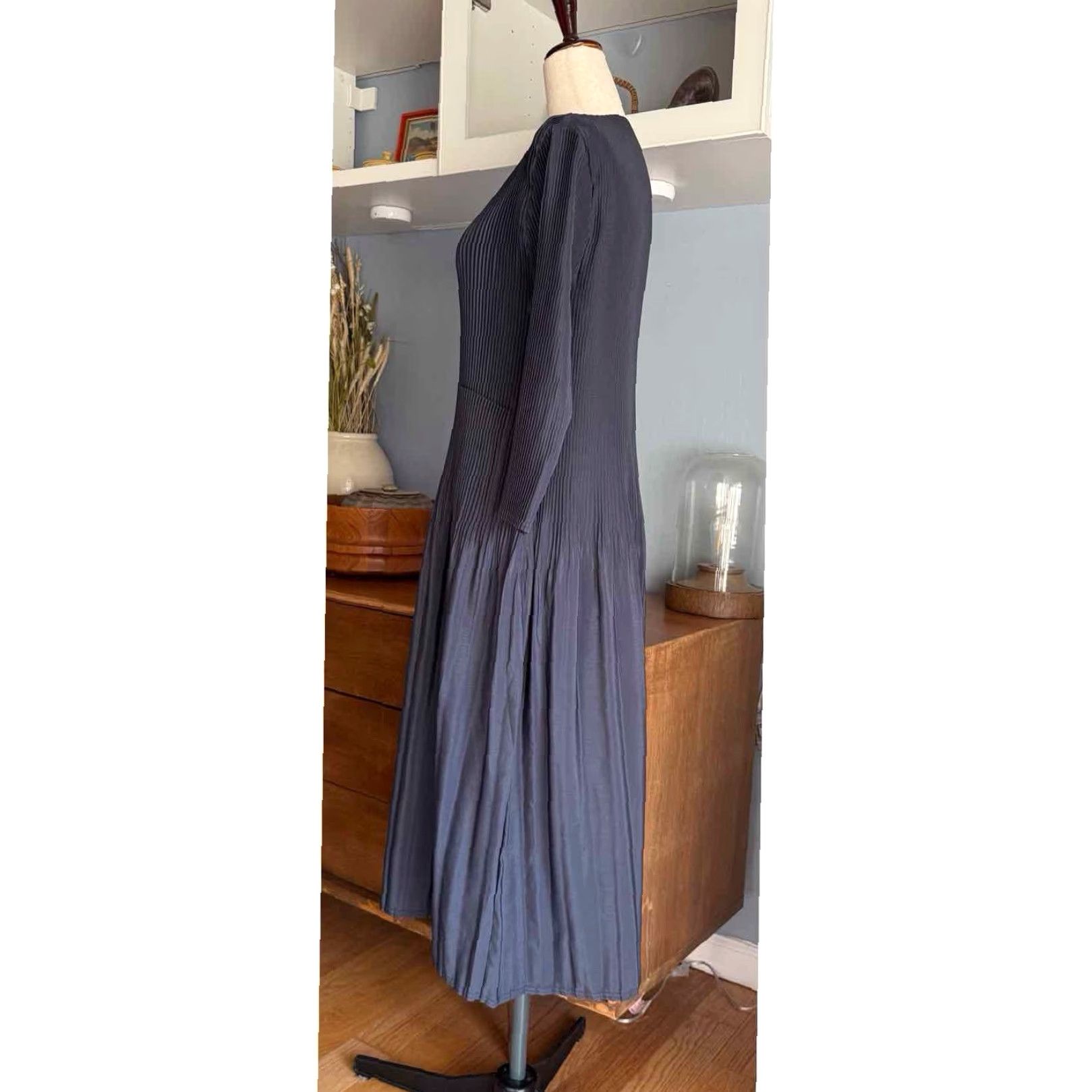Vintage KI Meng Pleated Pleats Midi Maxi Dress Crinkle Gray/Blue Lagenlook Art O/S Lagenlook Art Size ONE SIZE - 4 Thumbnail
