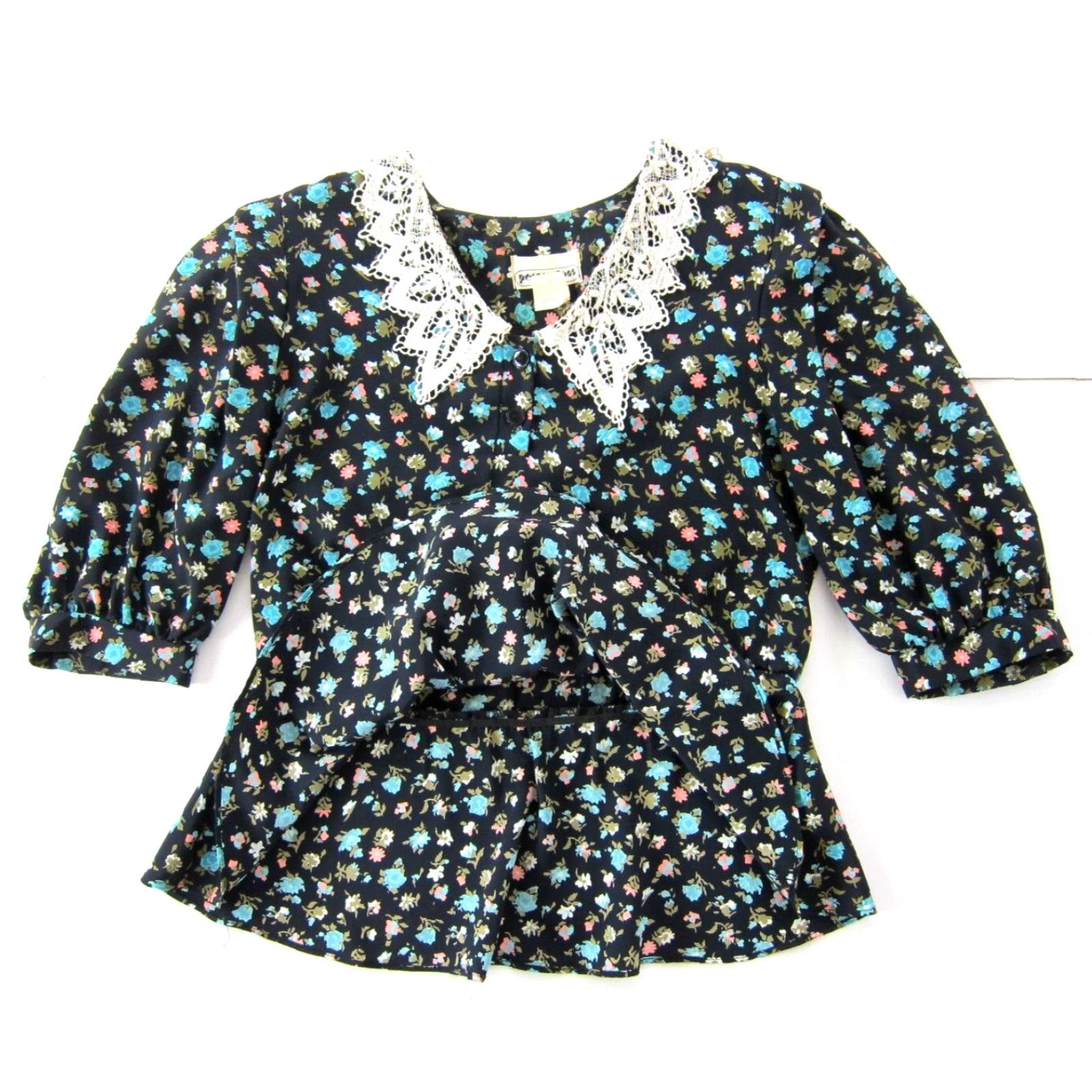 Pinko VINTAGE Perceptions Blouse (Medium) Black Floral Lace Collared Peasant 3/4 Sleeve Polyester Women’s Shirt Size M / US 6-8 / IT 42-44 - 5 Thumbnail