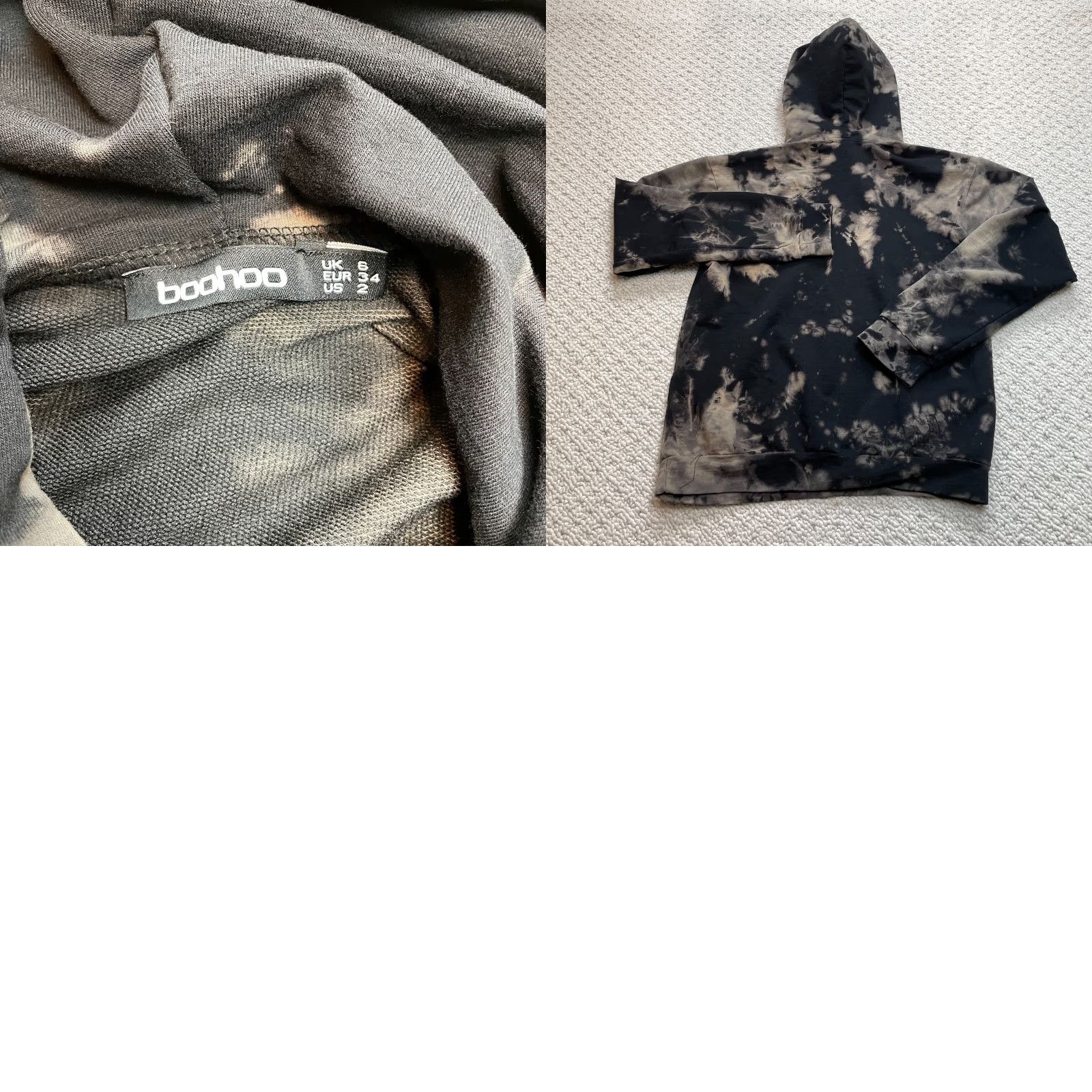 Boohoo VINTAGE? No — Actually not vintage. Boohoo Hoodie Sweatshirt Women’s 2 Black Gray Tie Dye Hooded Drawstring Pullover Size XS / US 0-2 / IT 36-38 - 8 Thumbnail