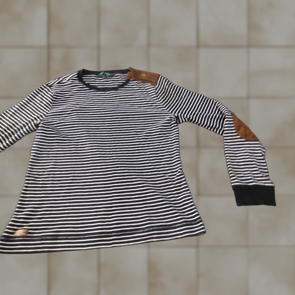 Ralph Lauren Lauren Ralph Lauren top Blouse long sleeve zip Crew neck cotton Black striped Women L Size L / US 10 / IT 46 - 1 Thumbnail