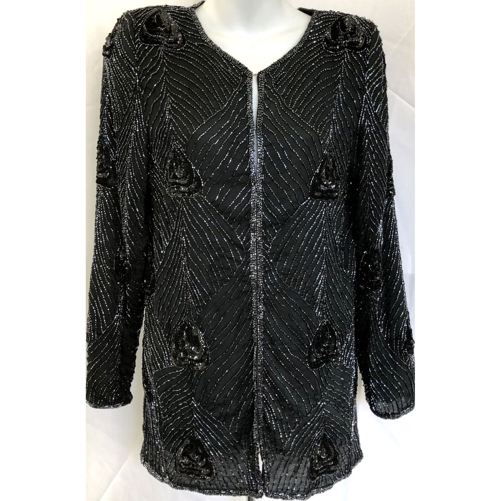 Vintage Vtg Jaisgumo 100% Silk Blouse M Black Beaded Hook Front Long Formal Coquette Glam Women's Blouse Size M / US 6-8 / IT 42-44 - 2 Thumbnail