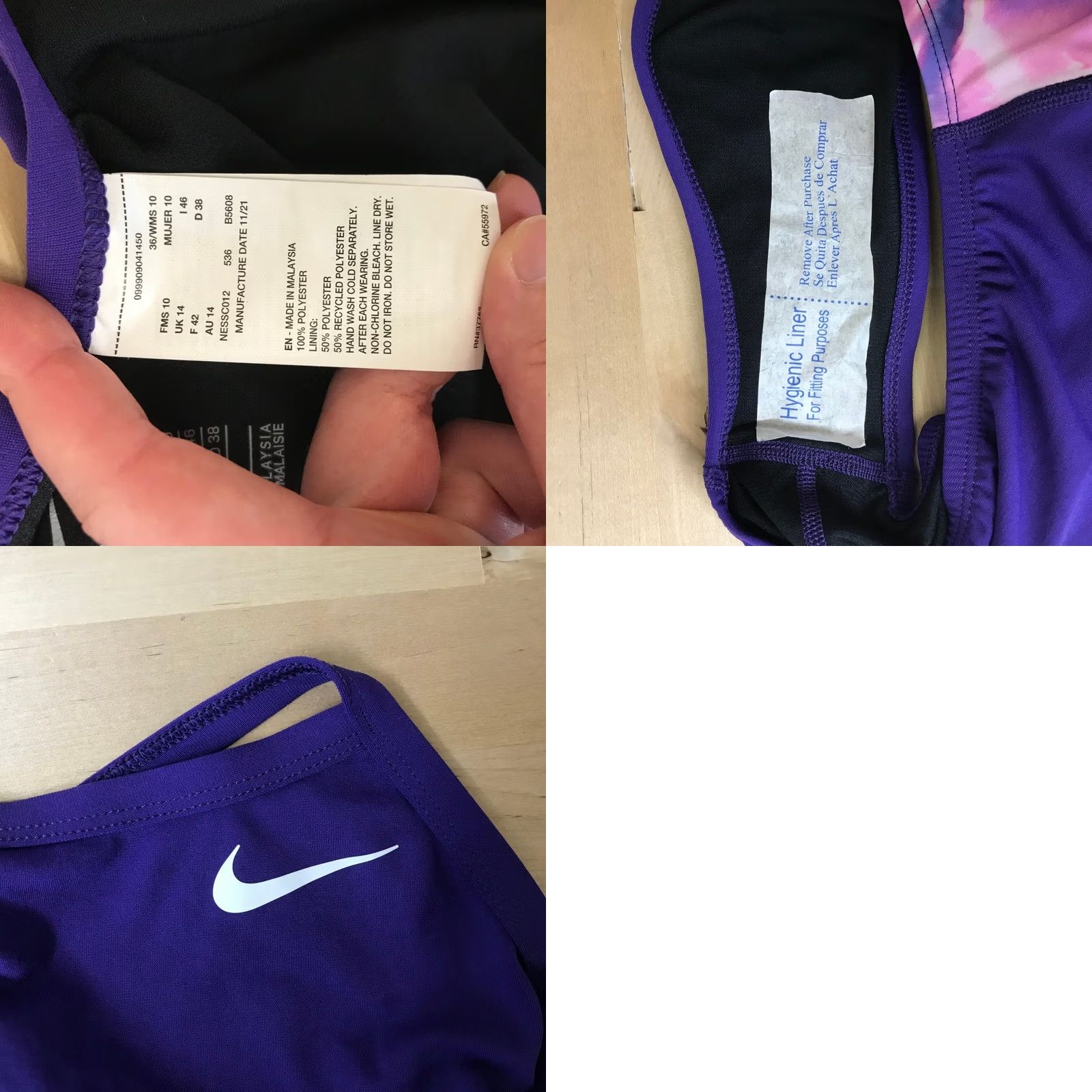 Nike Nike Suit Womens 36 Purple HydraStrong One Piece Swimsuit Pink Marble NESSC012 Size ONE SIZE - 8 Thumbnail