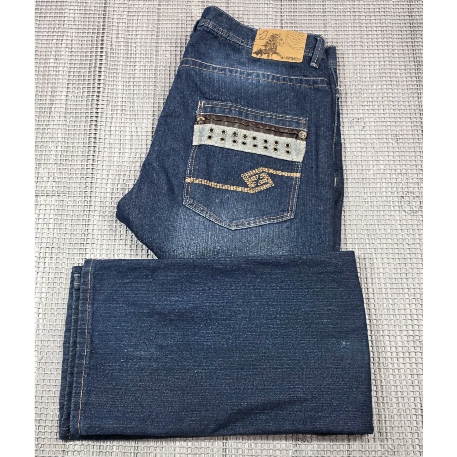 Enyce VTG Enyce Jeans Wide Leg Baggy Denim Fade Mens 42x34 Embroidered Leather Pocket Jeans 42 Blue Wide-Leg Hip Hop 90s Mens Size US 42 / EU 58 - 3 Thumbnail