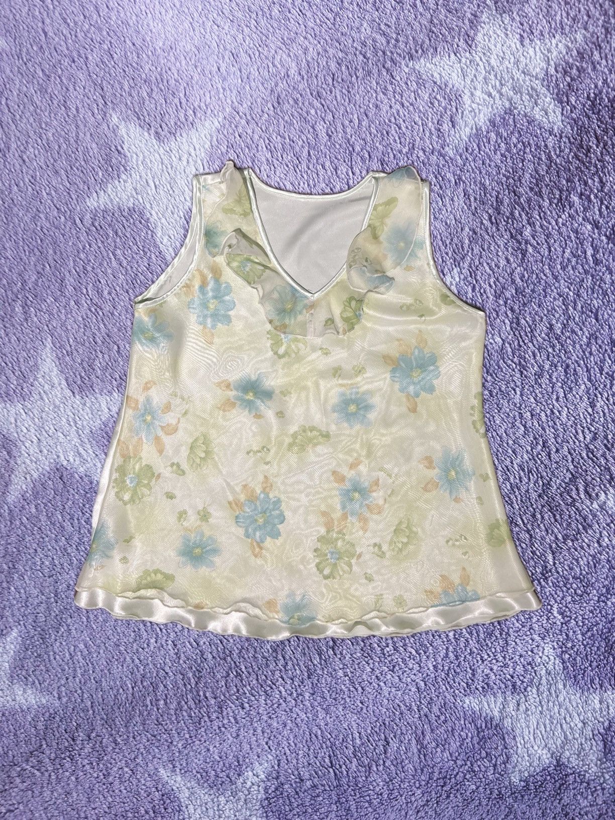Other × Vintage Blue and Green Floral Silk Ruffle Blouse Size S / US 4 / IT 40 - 1 Thumbnail
