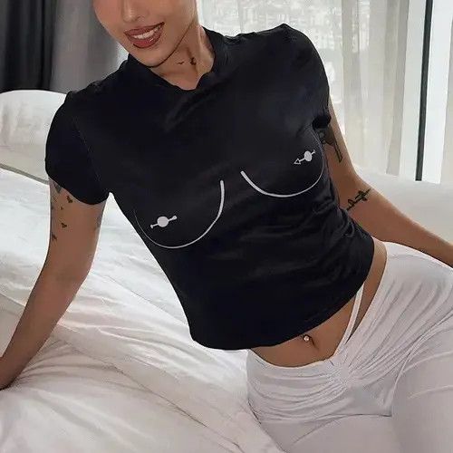 Japanese Brand Korean Fashion Nipple Print Graphic O Neck Short Size ONE SIZE - 2 Thumbnail